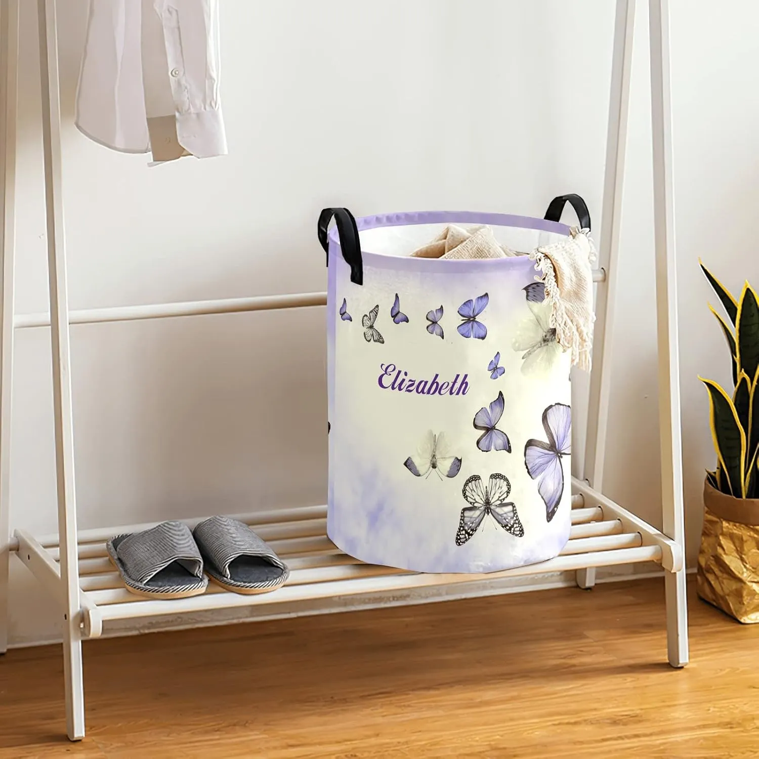 Lovely Butterflies Personalized Waterproof Foldable Laundry Basket Bag with Handle, Custom Collapsible Clothes Hamper Storage Bin for Toys Laundry Dorm Travel Bathroom