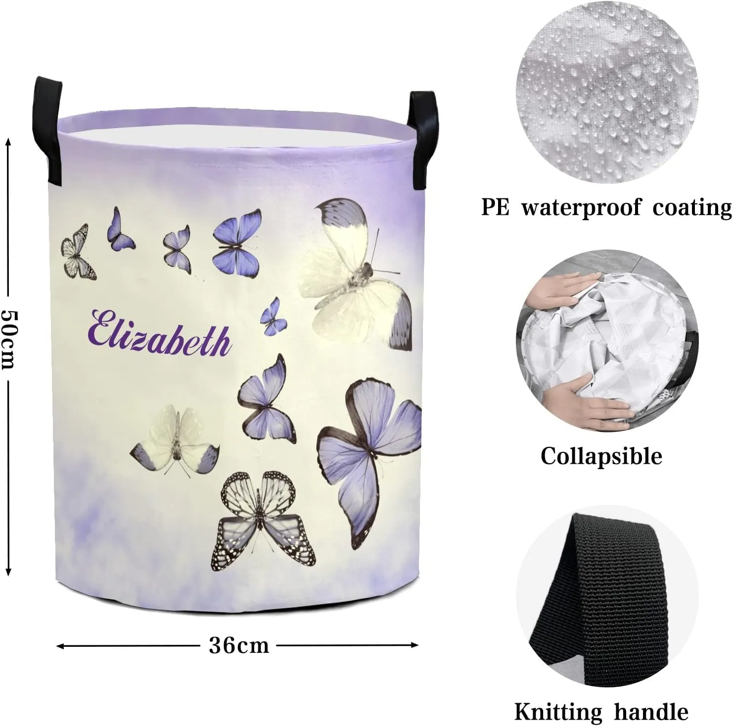Lovely Butterflies Personalized Waterproof Foldable Laundry Basket Bag with Handle, Custom Collapsible Clothes Hamper Storage Bin for Toys Laundry Dorm Travel Bathroom