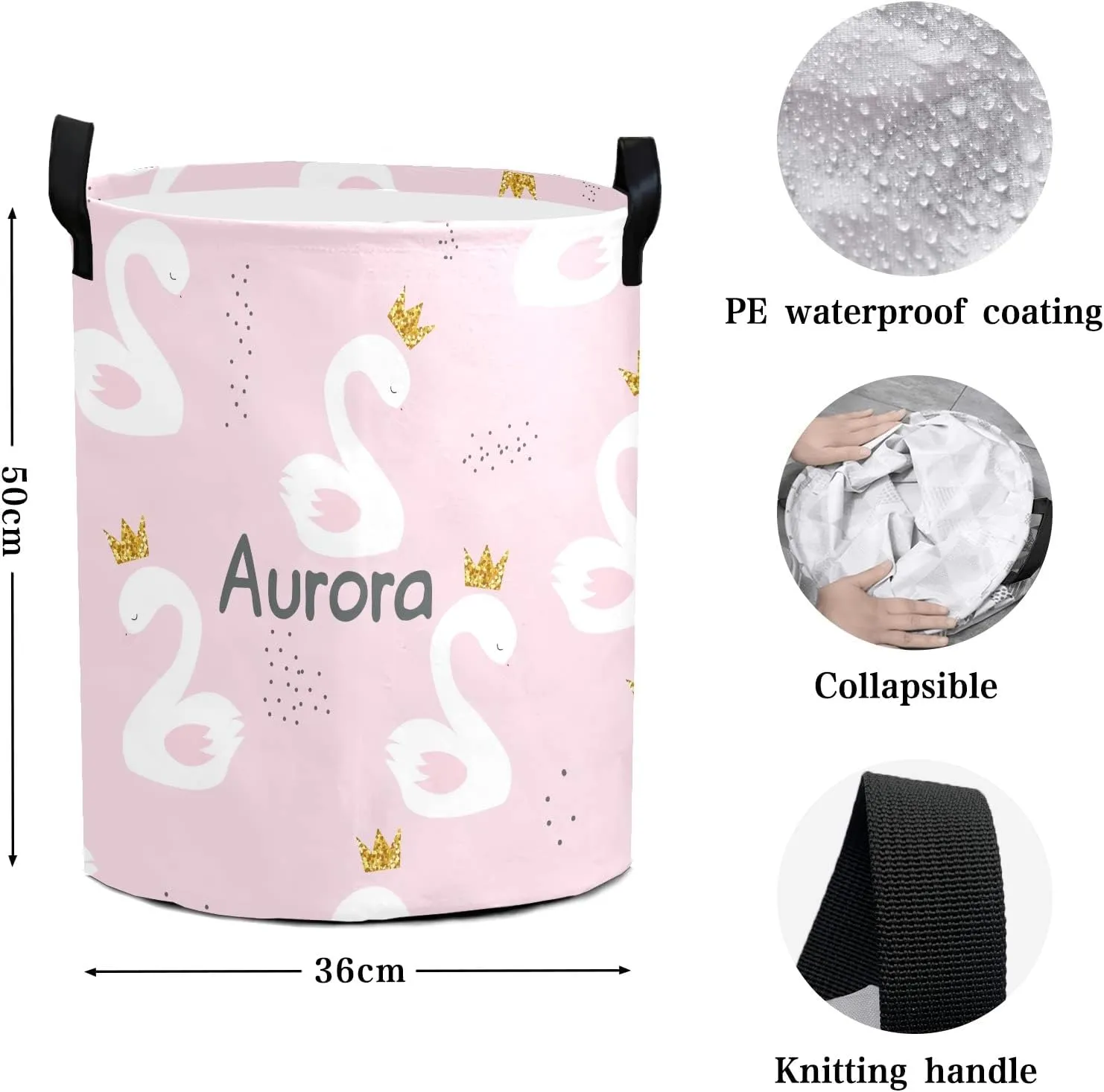 Lovely Swan Personalized Waterproof Foldable Laundry Basket Bag with Handle, Custom Collapsible Clothes Hamper Storage Bin for Toys Laundry Dorm Travel Bathroom