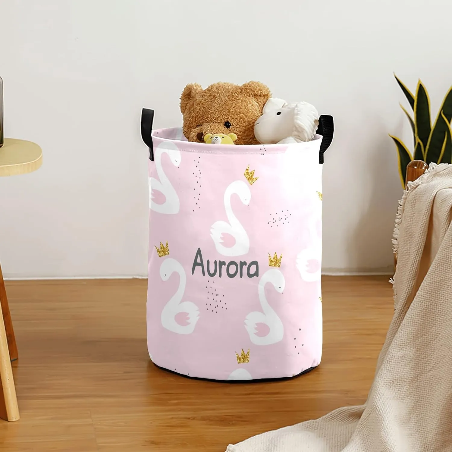 Lovely Swan Personalized Waterproof Foldable Laundry Basket Bag with Handle, Custom Collapsible Clothes Hamper Storage Bin for Toys Laundry Dorm Travel Bathroom