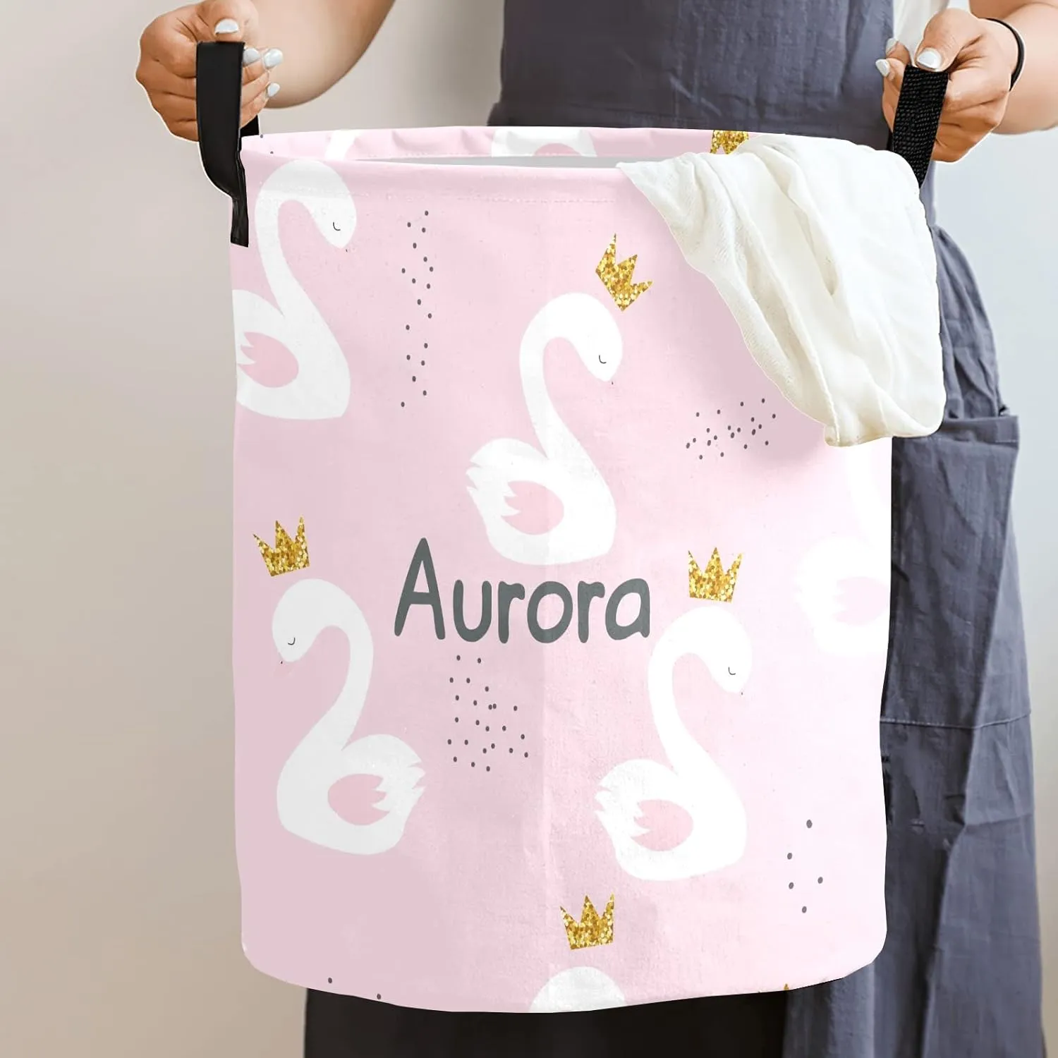 Lovely Swan Personalized Waterproof Foldable Laundry Basket Bag with Handle, Custom Collapsible Clothes Hamper Storage Bin for Toys Laundry Dorm Travel Bathroom