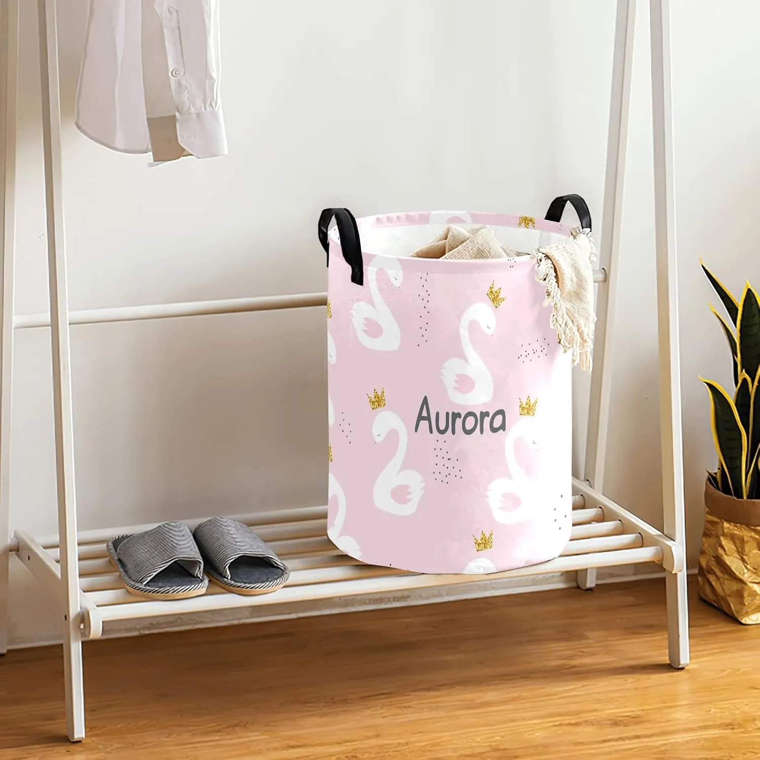 Lovely Swan Personalized Waterproof Foldable Laundry Basket Bag with Handle, Custom Collapsible Clothes Hamper Storage Bin for Toys Laundry Dorm Travel Bathroom