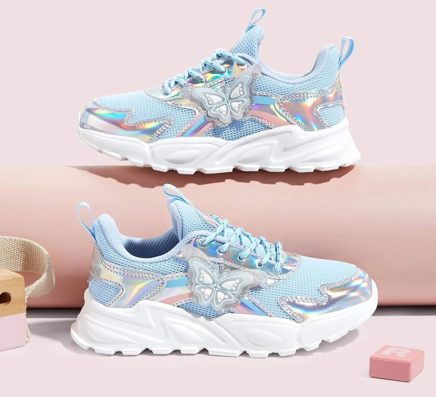 LUCKY STEP Girls Kid's Butterfly Running Sneaker Tennis Sparkle Mesh Athletic School Gym Lace-up Walking Shoes for Toddler/Little Kid/Big Kid