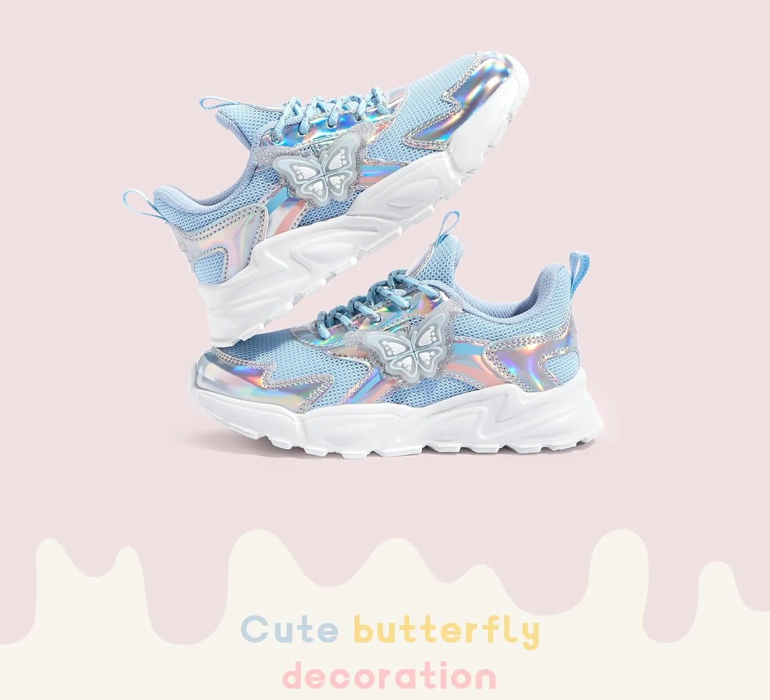 LUCKY STEP Girls Kid's Butterfly Running Sneaker Tennis Sparkle Mesh Athletic School Gym Lace-up Walking Shoes for Toddler/Little Kid/Big Kid