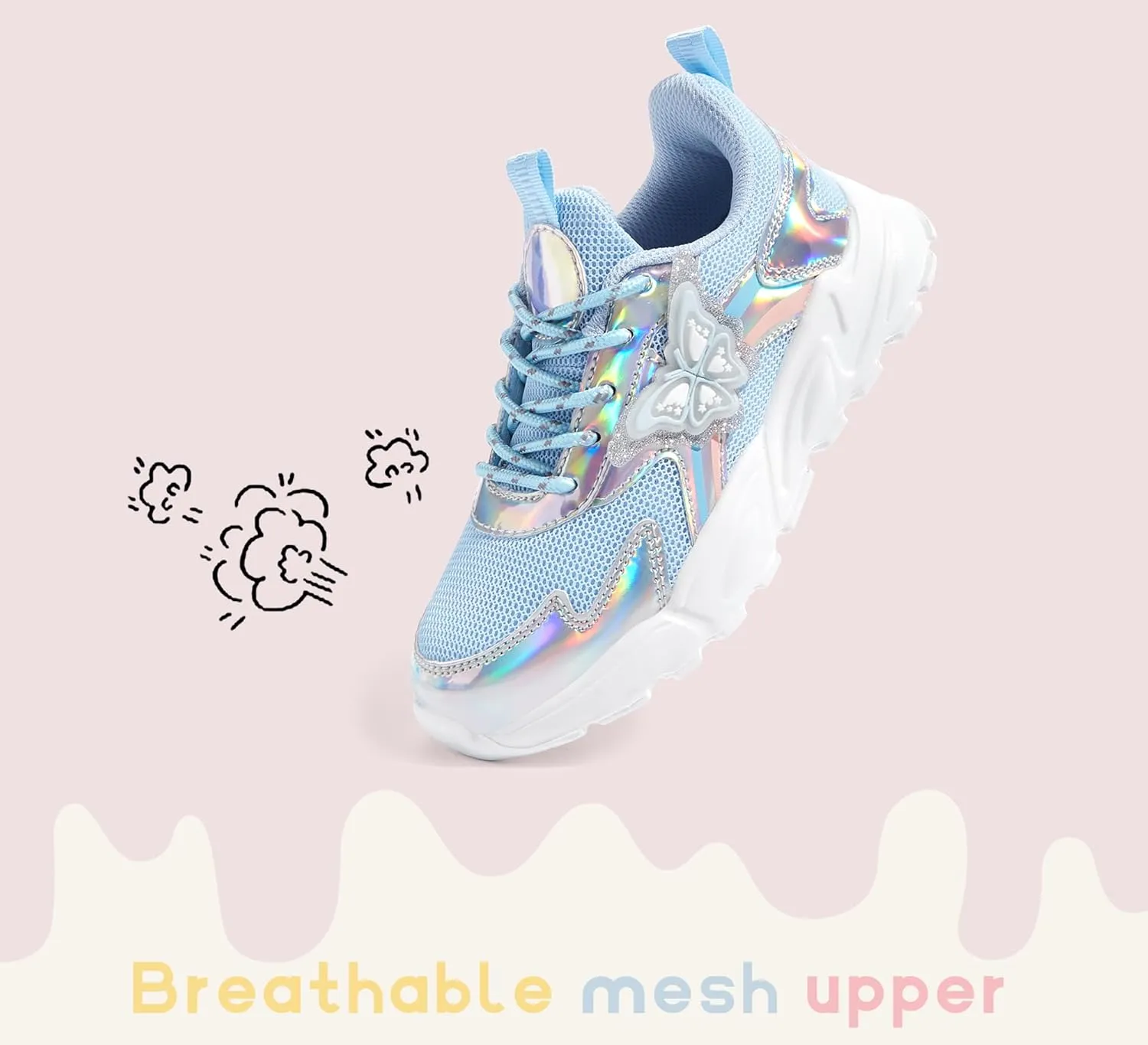 LUCKY STEP Girls Kid's Butterfly Running Sneaker Tennis Sparkle Mesh Athletic School Gym Lace-up Walking Shoes for Toddler/Little Kid/Big Kid