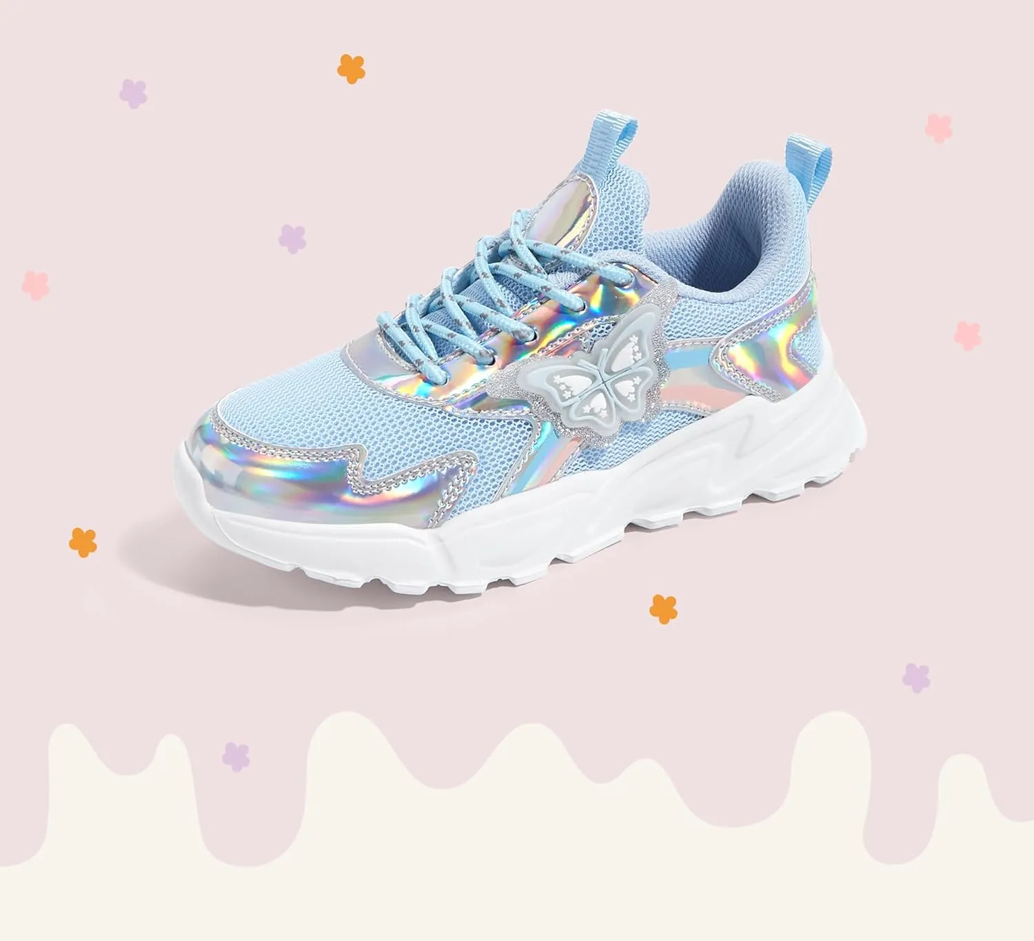 LUCKY STEP Girls Kid's Butterfly Running Sneaker Tennis Sparkle Mesh Athletic School Gym Lace-up Walking Shoes for Toddler/Little Kid/Big Kid