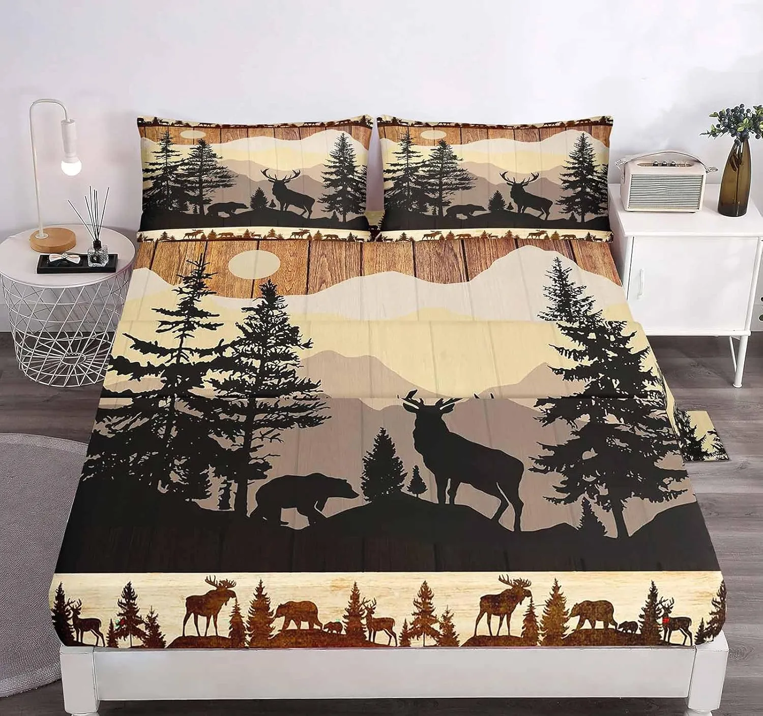 LUVIVIHOME 4PCS Black Bear Deer Sheets Set, Queen Bed Sheets, Deer Bedding, Moose Elk Forest Animal Hunting Lodge Rustic Cabin Farmhouse Bedding Set, 1 Fitted Sheet & 1 Flat Sheet with 2 Pillowcases