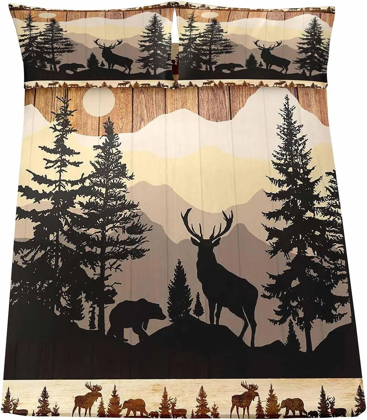 LUVIVIHOME 4PCS Black Bear Deer Sheets Set, Queen Bed Sheets, Deer Bedding, Moose Elk Forest Animal Hunting Lodge Rustic Cabin Farmhouse Bedding Set, 1 Fitted Sheet & 1 Flat Sheet with 2 Pillowcases