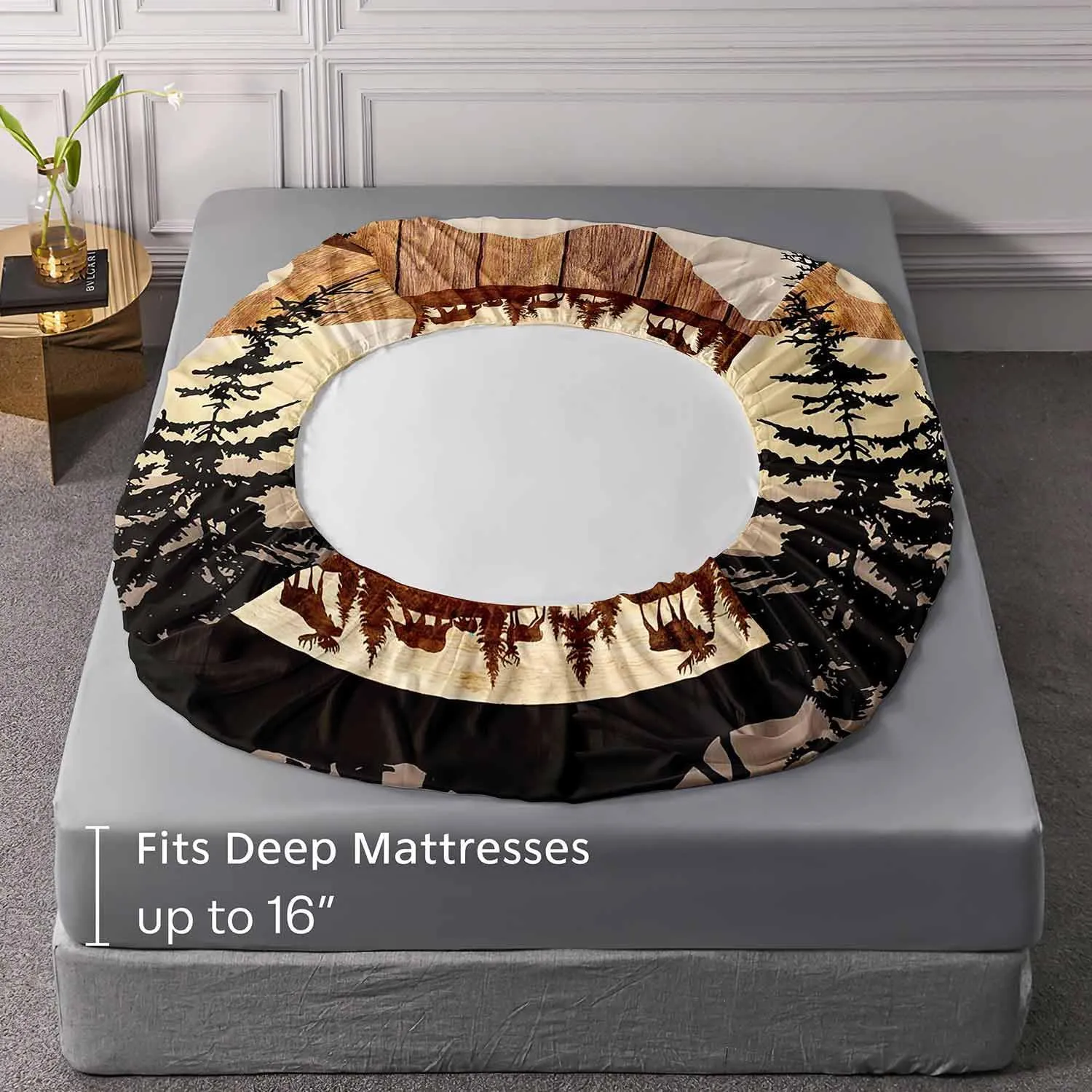 LUVIVIHOME 4PCS Black Bear Deer Sheets Set, Queen Bed Sheets, Deer Bedding, Moose Elk Forest Animal Hunting Lodge Rustic Cabin Farmhouse Bedding Set, 1 Fitted Sheet & 1 Flat Sheet with 2 Pillowcases