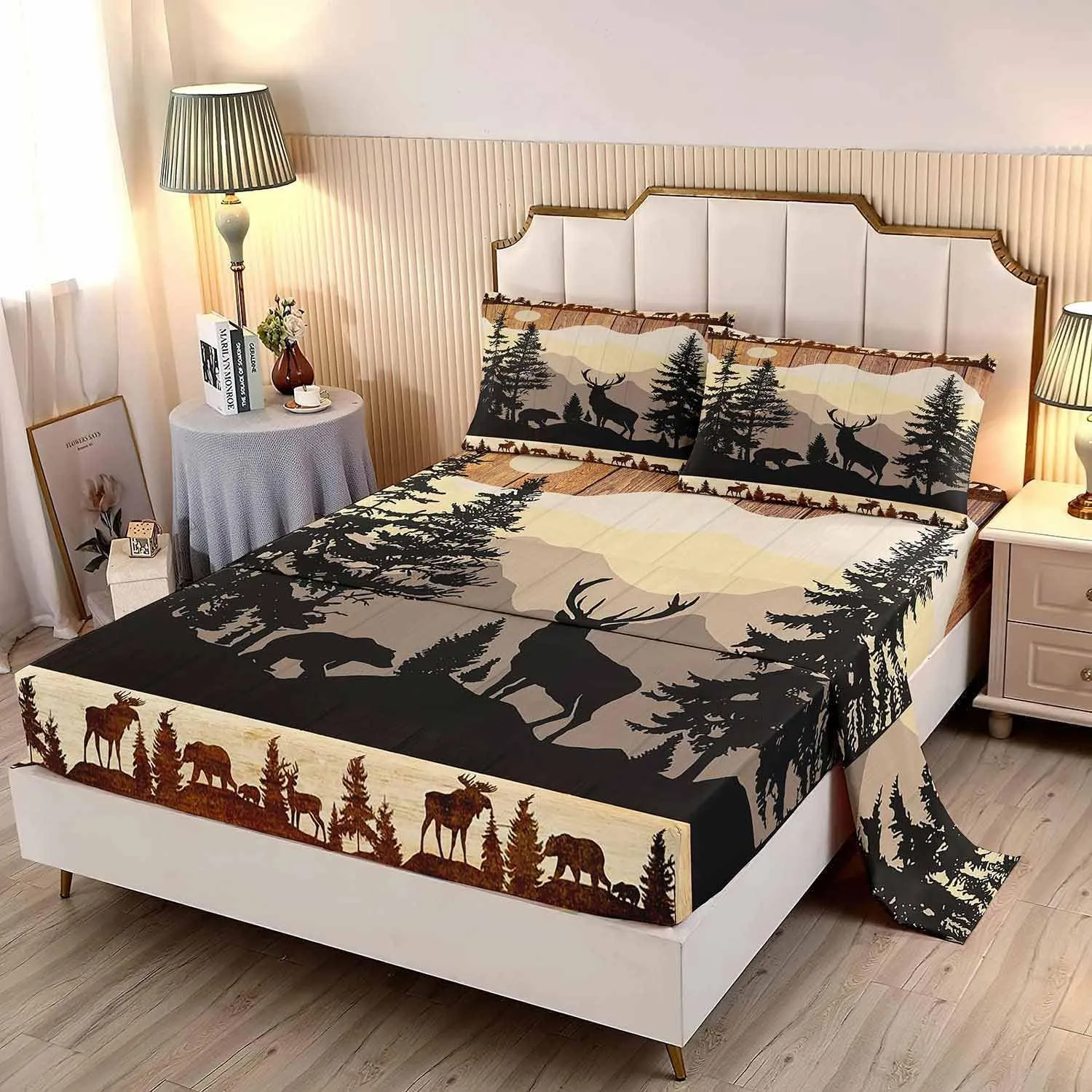 LUVIVIHOME 4PCS Black Bear Deer Sheets Set, Queen Bed Sheets, Deer Bedding, Moose Elk Forest Animal Hunting Lodge Rustic Cabin Farmhouse Bedding Set, 1 Fitted Sheet & 1 Flat Sheet with 2 Pillowcases
