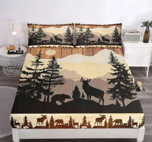 LUVIVIHOME 4PCS Black Bear Deer Sheets Set, Queen Bed Sheets, Deer Bedding, Moose Elk Forest Animal Hunting Lodge Rustic Cabin Farmhouse Bedding Set, 1 Fitted Sheet & 1 Flat Sheet with 2 Pillowcases