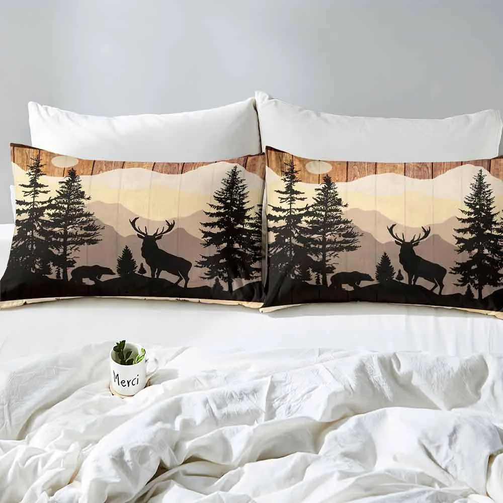 LUVIVIHOME 4PCS Black Bear Deer Sheets Set, Queen Bed Sheets, Deer Bedding, Moose Elk Forest Animal Hunting Lodge Rustic Cabin Farmhouse Bedding Set, 1 Fitted Sheet & 1 Flat Sheet with 2 Pillowcases
