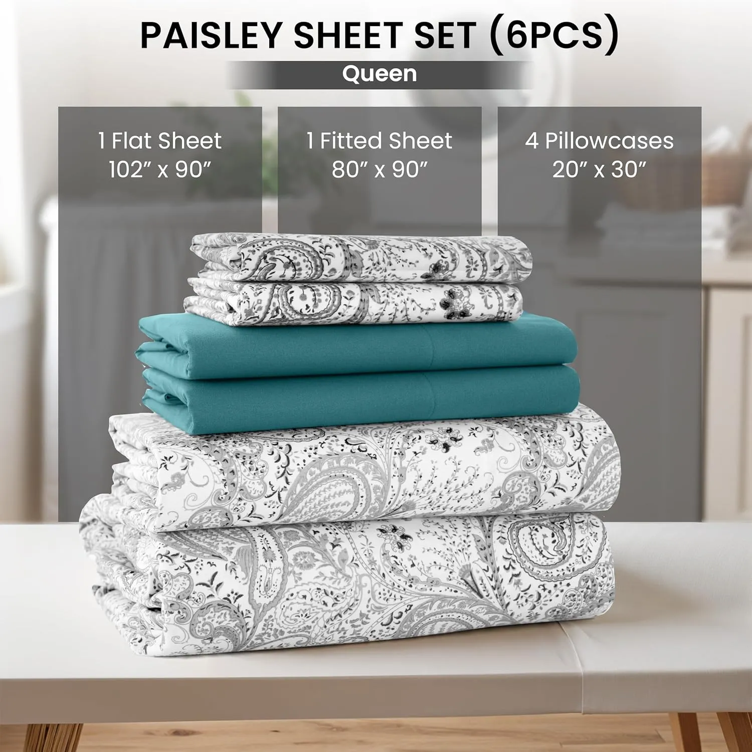 LUX Décor Paisley Queen Sheet Set, 6 PC Soft Microfiber Wrinkle Free Sheets - Luxurious Printed Bed Sheets Includes Flat Sheet, Fitted Sheet with Deep Pockets, & 4 Pillowcases - White Grey