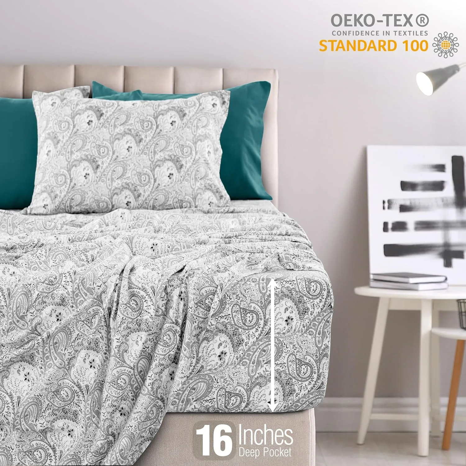LUX Décor Paisley Queen Sheet Set, 6 PC Soft Microfiber Wrinkle Free Sheets - Luxurious Printed Bed Sheets Includes Flat Sheet, Fitted Sheet with Deep Pockets, & 4 Pillowcases - White Grey