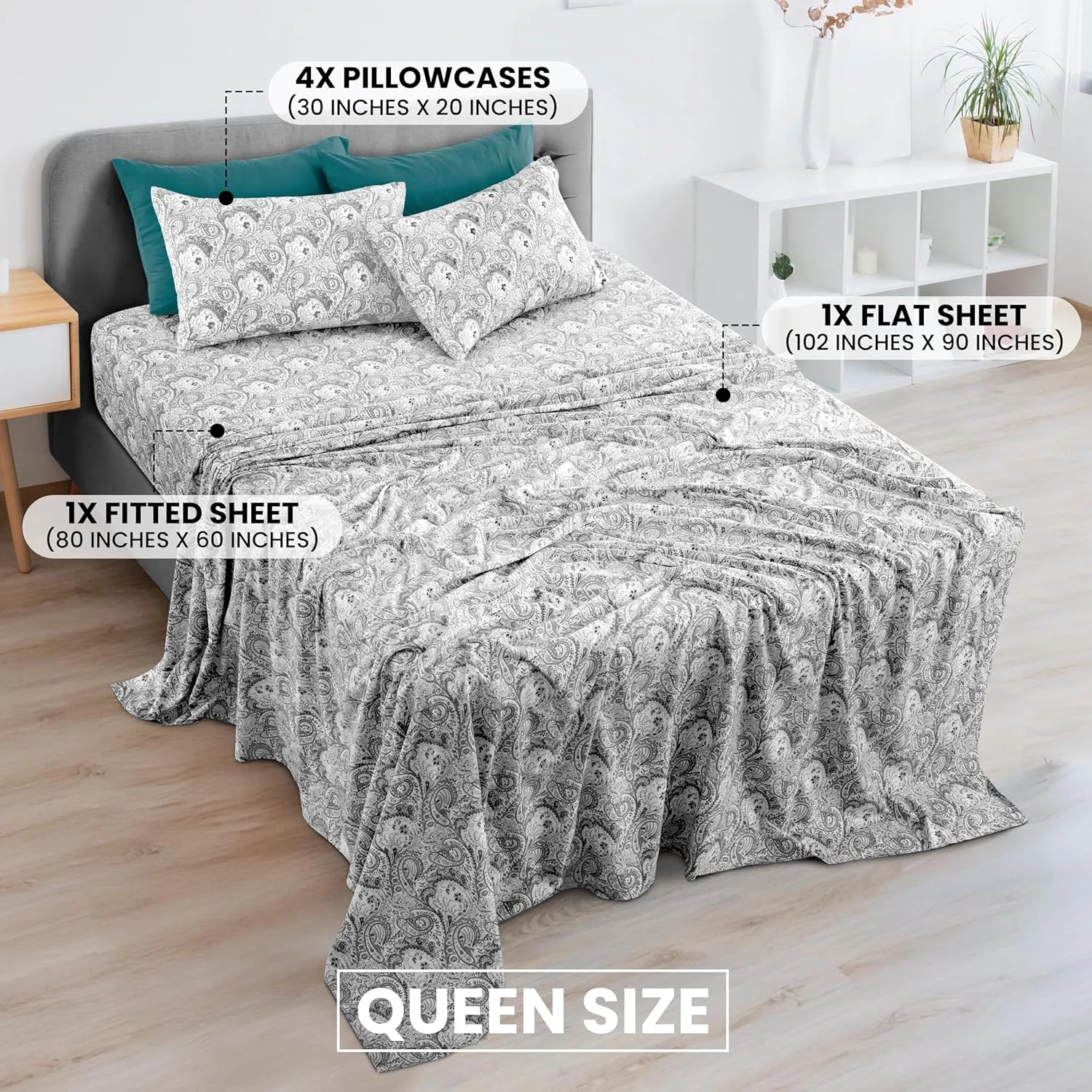 LUX Décor Paisley Queen Sheet Set, 6 PC Soft Microfiber Wrinkle Free Sheets - Luxurious Printed Bed Sheets Includes Flat Sheet, Fitted Sheet with Deep Pockets, & 4 Pillowcases - White Grey