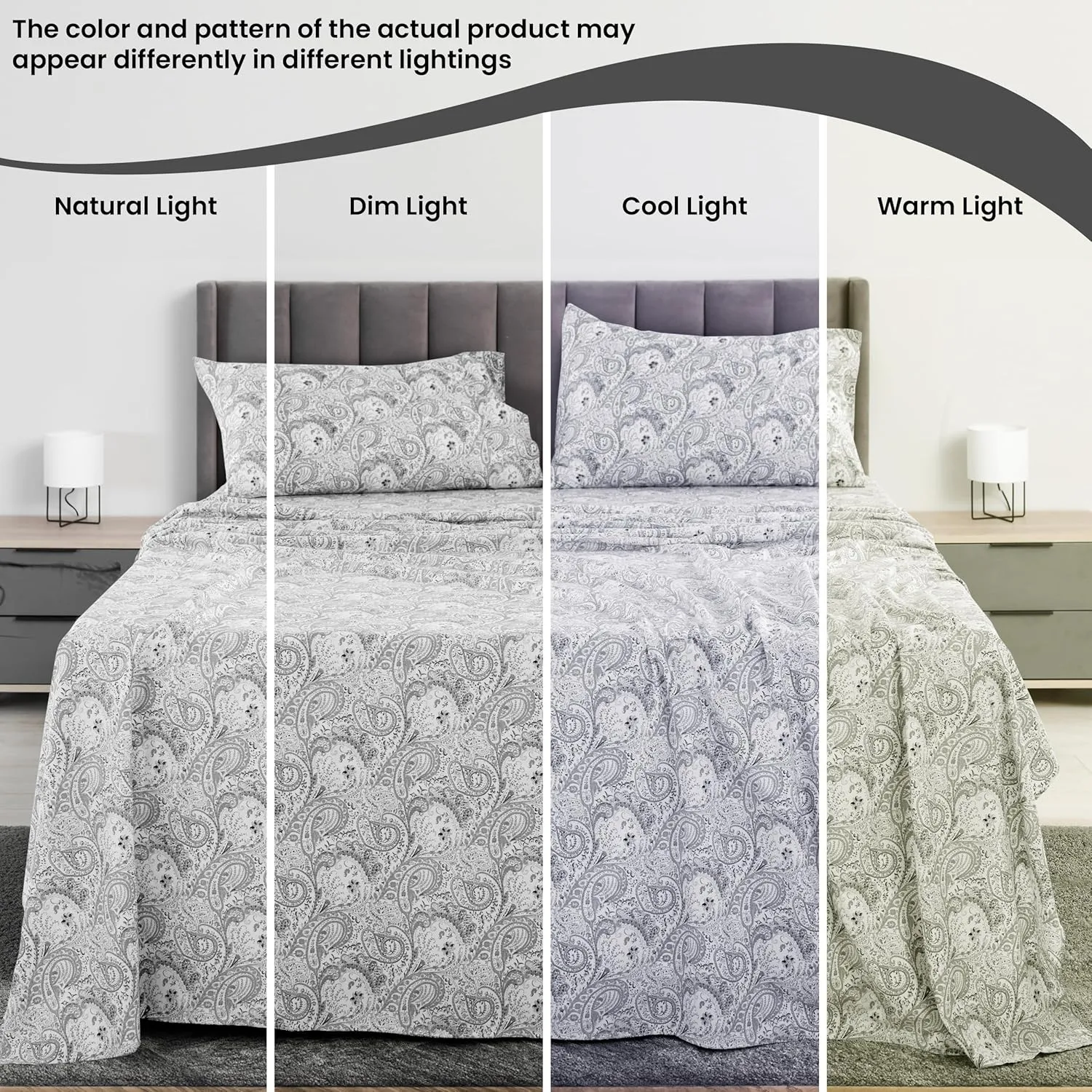LUX Décor Paisley Queen Sheet Set, 6 PC Soft Microfiber Wrinkle Free Sheets - Luxurious Printed Bed Sheets Includes Flat Sheet, Fitted Sheet with Deep Pockets, & 4 Pillowcases - White Grey