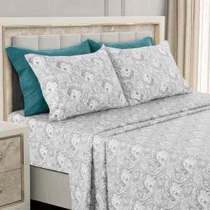 LUX Décor Paisley Queen Sheet Set, 6 PC Soft Microfiber Wrinkle Free Sheets - Luxurious Printed Bed Sheets Includes Flat Sheet, Fitted Sheet with Deep Pockets, & 4 Pillowcases - White Grey