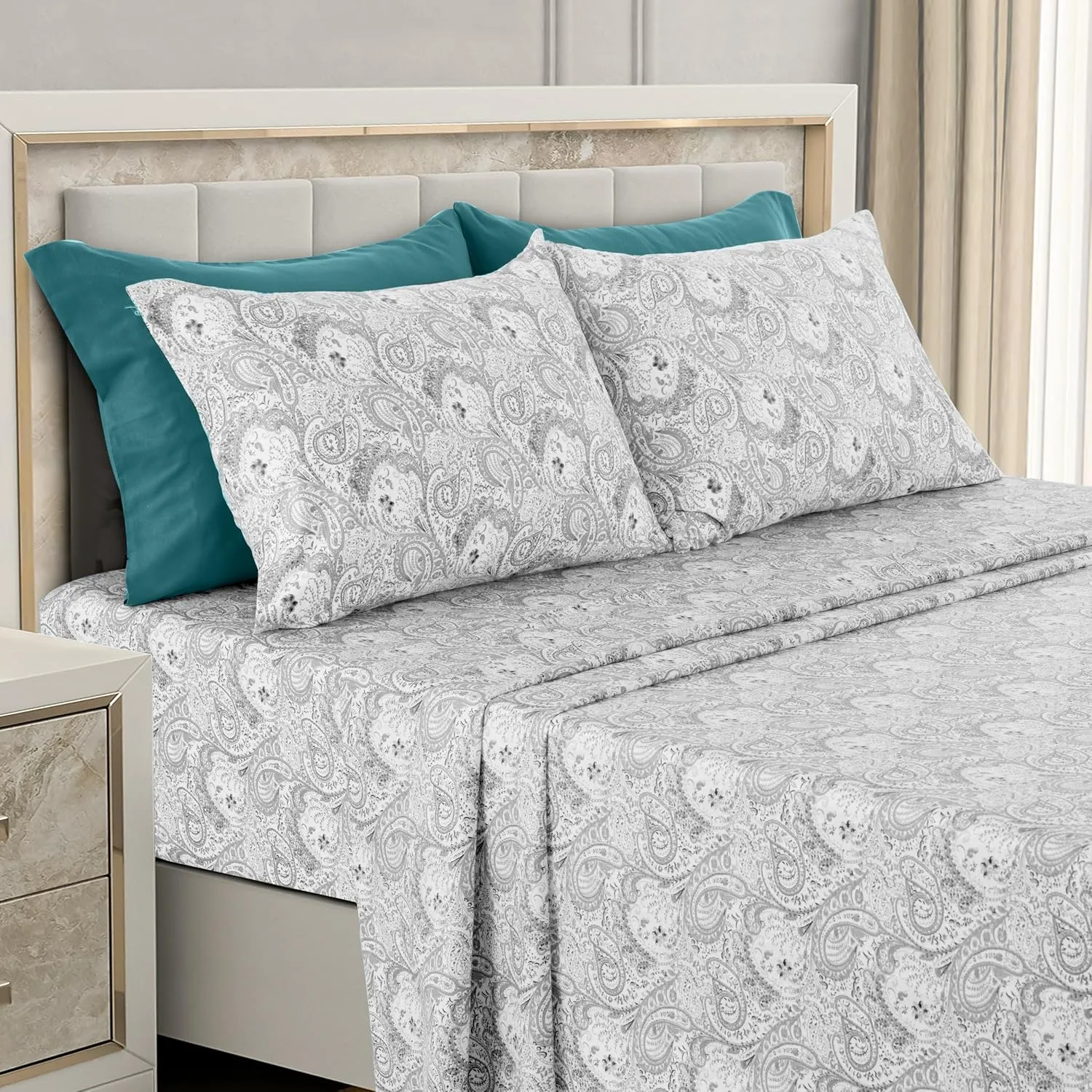 LUX Décor Paisley Queen Sheet Set, 6 PC Soft Microfiber Wrinkle Free Sheets - Luxurious Printed Bed Sheets Includes Flat Sheet, Fitted Sheet with Deep Pockets, & 4 Pillowcases - White Grey