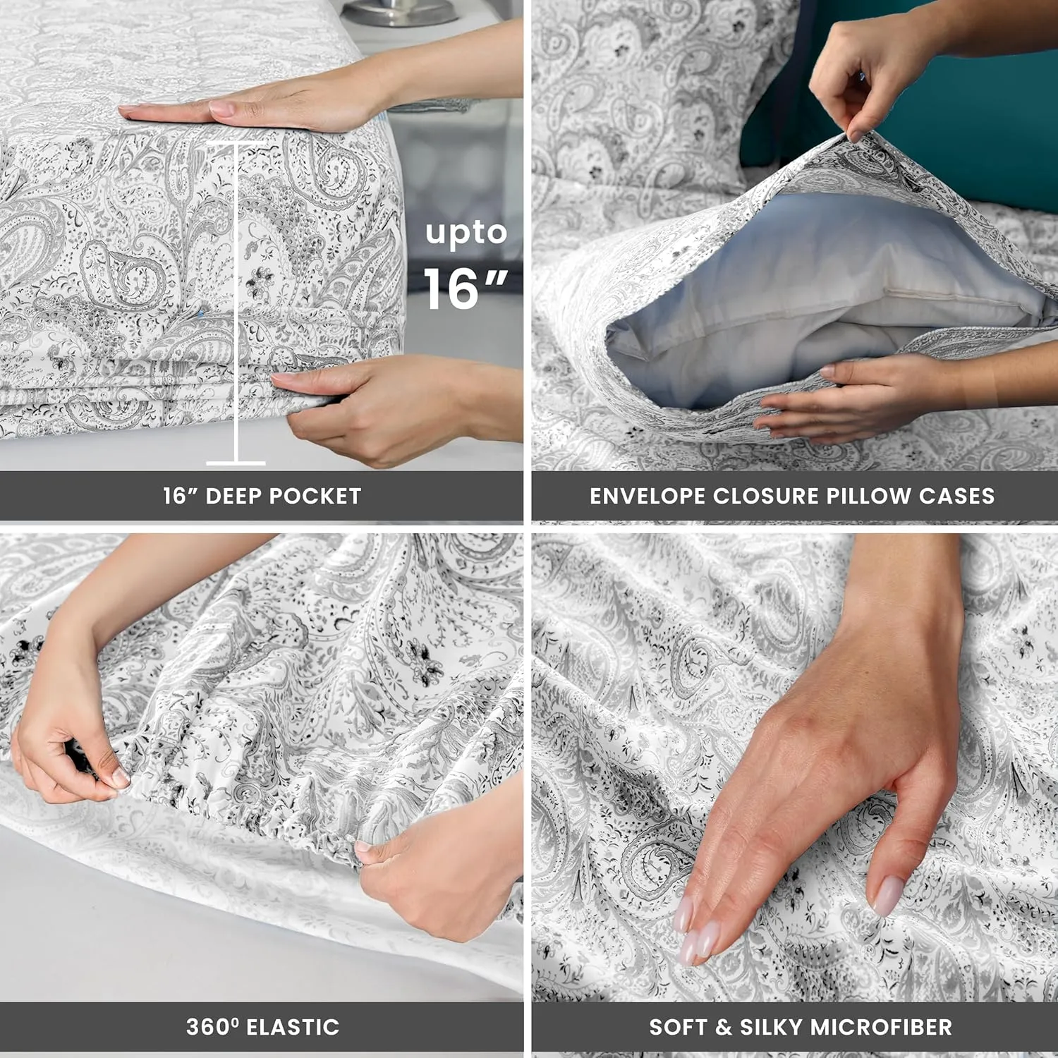 LUX Décor Paisley Queen Sheet Set, 6 PC Soft Microfiber Wrinkle Free Sheets - Luxurious Printed Bed Sheets Includes Flat Sheet, Fitted Sheet with Deep Pockets, & 4 Pillowcases - White Grey