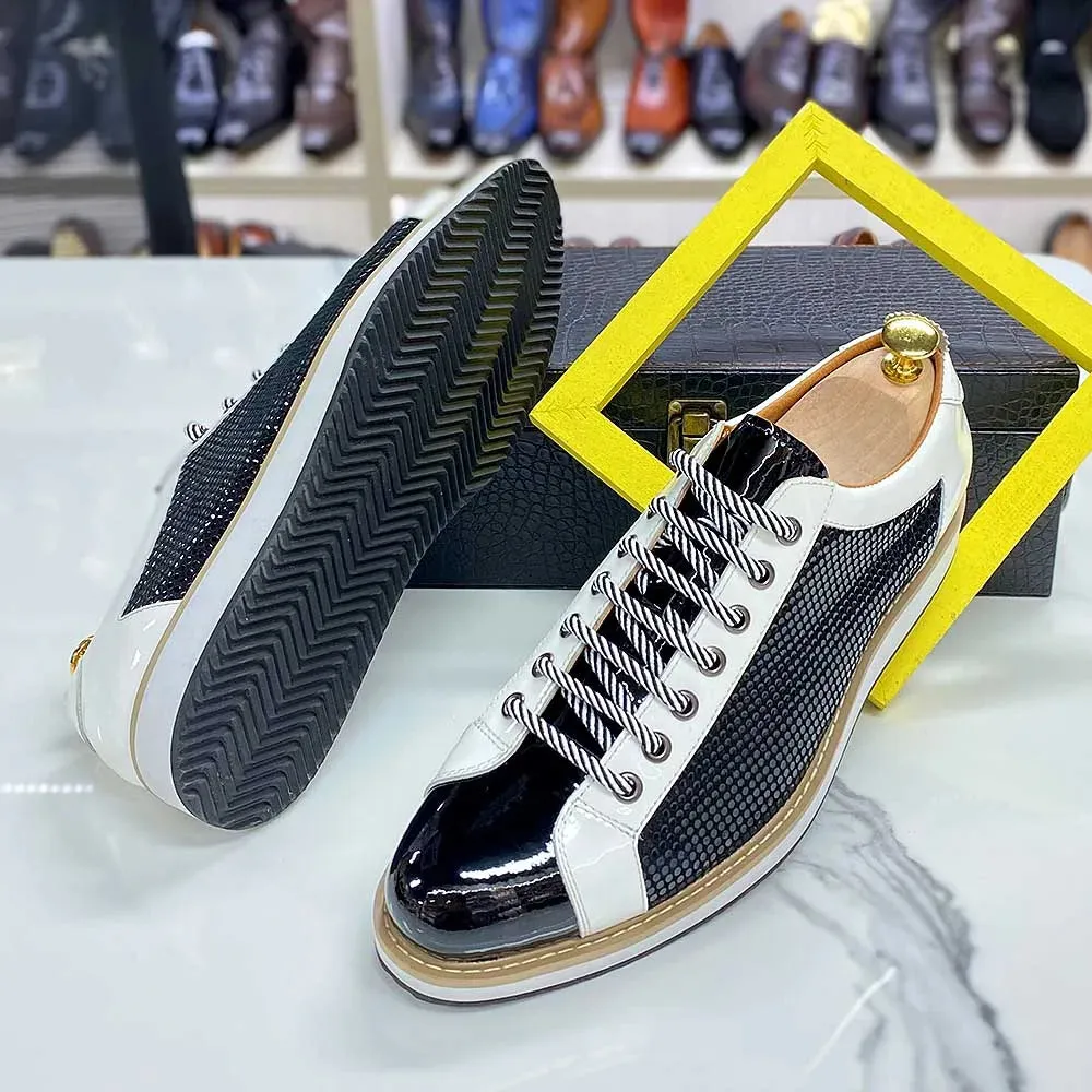 Luxury Brand Large Size Men's Flat Sneakers 6 to 13 Patent Leather Lace-up Black White Casual Shoes for Men
