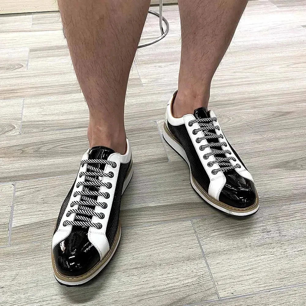 Luxury Brand Large Size Men's Flat Sneakers 6 to 13 Patent Leather Lace-up Black White Casual Shoes for Men