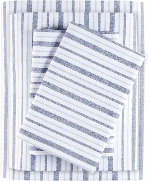 Madison Park Essentials 100% Cotton Sheets, Breathable&Soft Cotton Bed Sheets, Printed Design, Elastic Pocket Cotton Sheet Set Fits Up to 14" Mattress, All Season, Full Blue Stripes 4 Piece