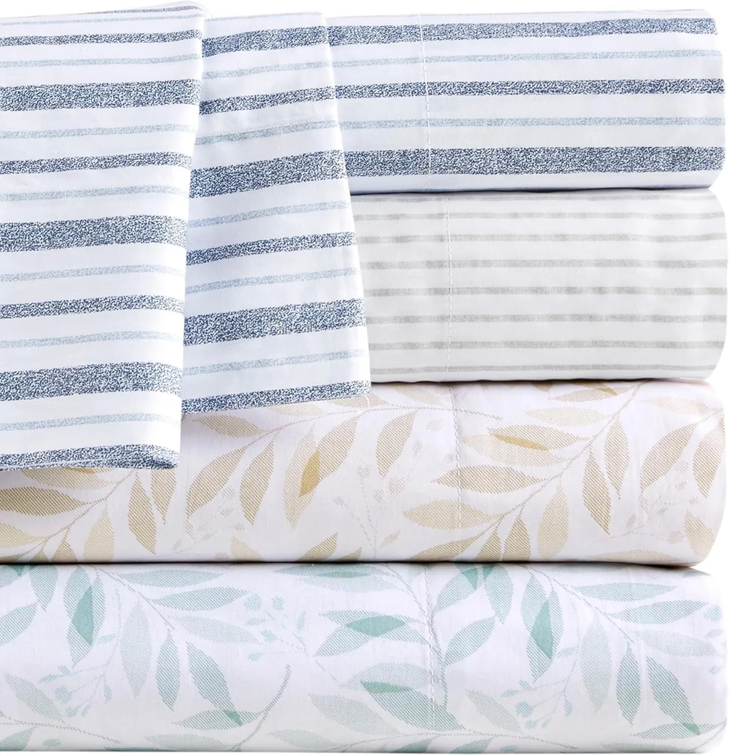 Madison Park Essentials 100% Cotton Sheets, Breathable&Soft Cotton Bed Sheets, Printed Design, Elastic Pocket Cotton Sheet Set Fits Up to 14" Mattress, All Season, Full Blue Stripes 4 Piece