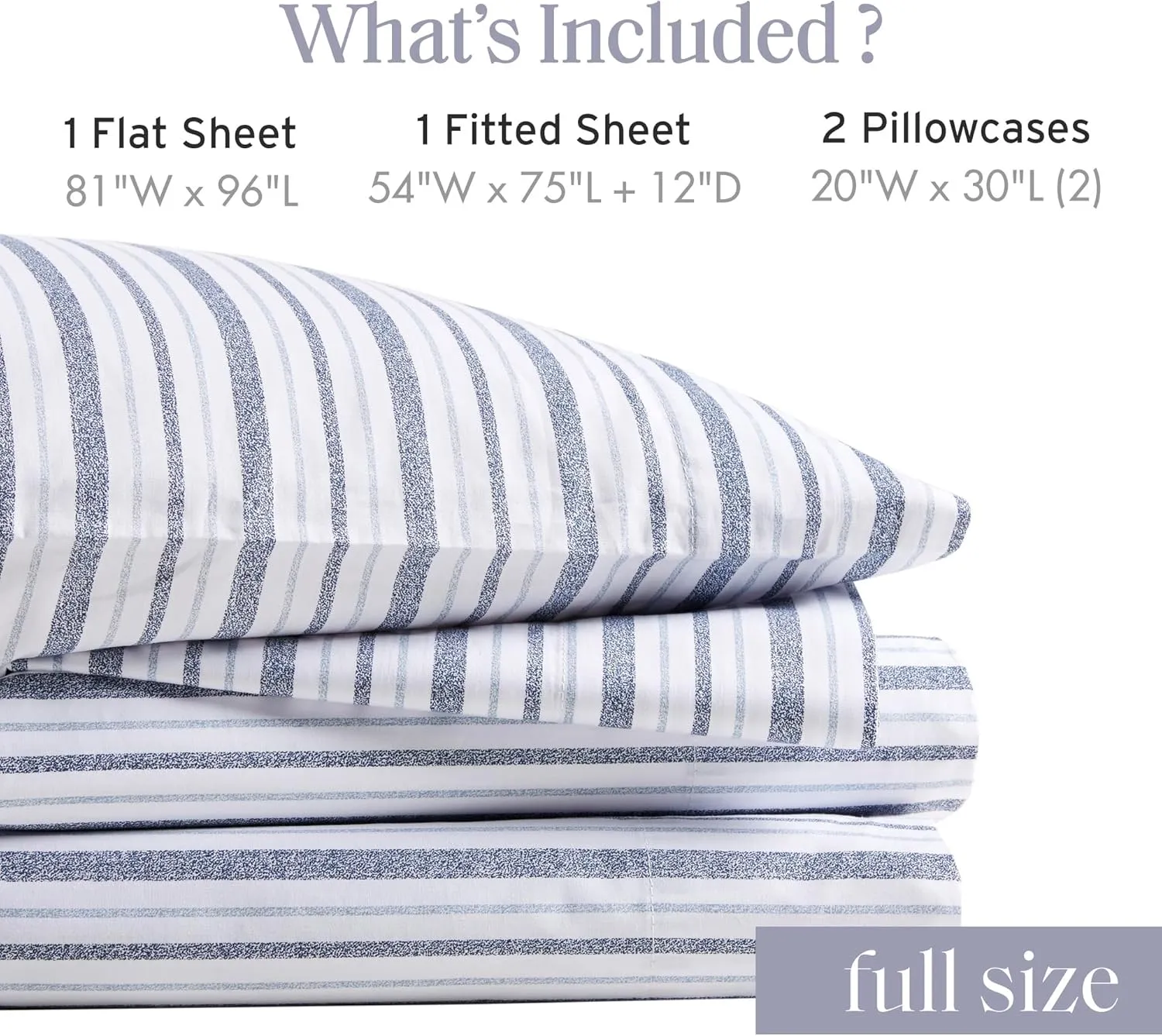 Madison Park Essentials 100% Cotton Sheets, Breathable&Soft Cotton Bed Sheets, Printed Design, Elastic Pocket Cotton Sheet Set Fits Up to 14" Mattress, All Season, Full Blue Stripes 4 Piece