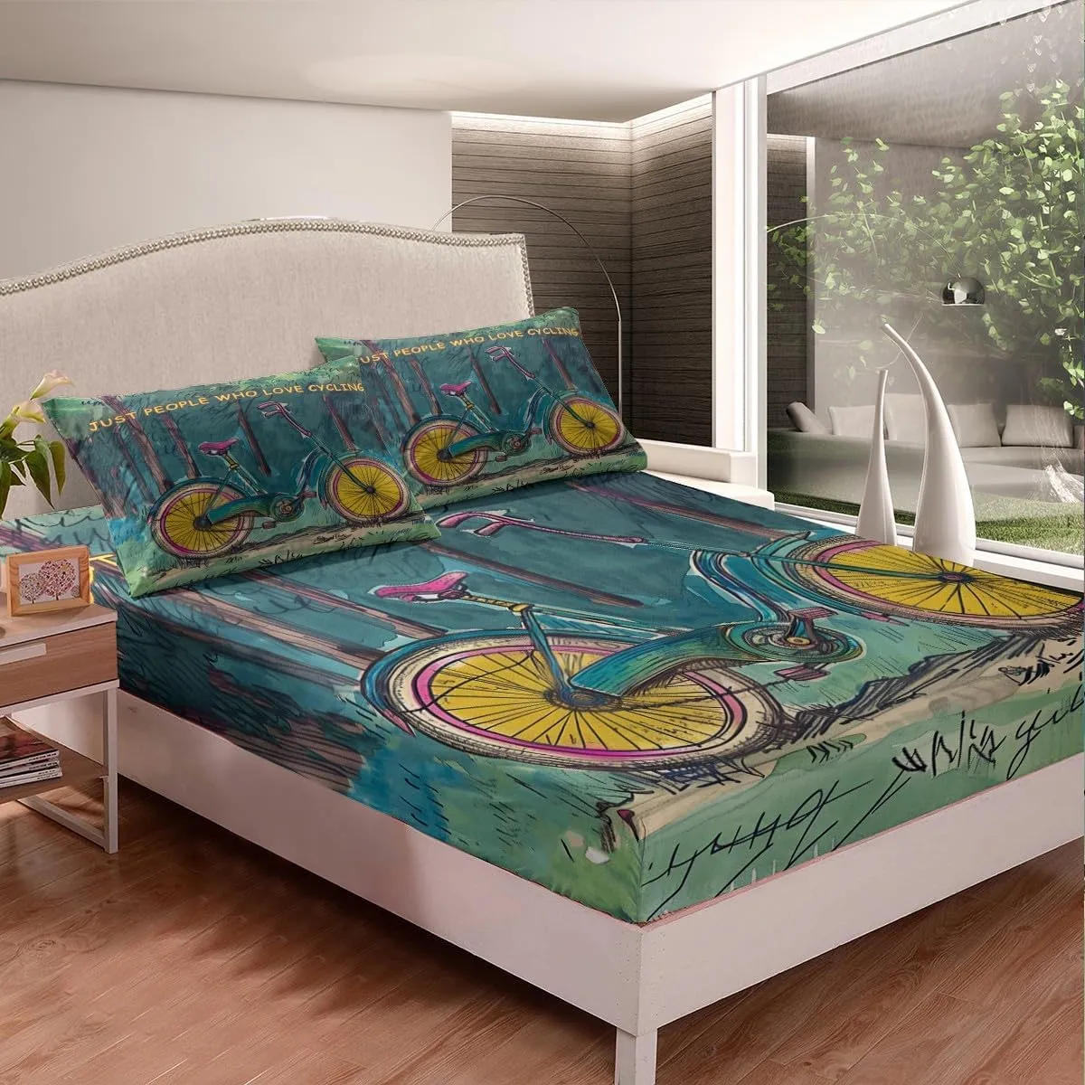 Manfei Cycling Bed Sheet Queen Set,Vintage Bicycle Natural Jungle Green Blue Paint Sheet Sets Adults Bedroom,Extreme Sports Adventure Biking Bedding Set with Flat,Fitted Sheet,2 Pillows