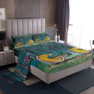 Manfei Cycling Bed Sheet Queen Set,Vintage Bicycle Natural Jungle Green Blue Paint Sheet Sets Adults Bedroom,Extreme Sports Adventure Biking Bedding Set with Flat,Fitted Sheet,2 Pillows