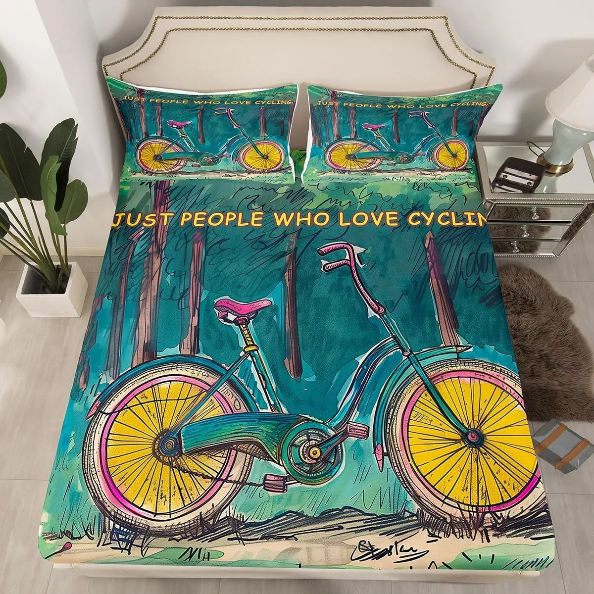 Manfei Cycling Bed Sheet Queen Set,Vintage Bicycle Natural Jungle Green Blue Paint Sheet Sets Adults Bedroom,Extreme Sports Adventure Biking Bedding Set with Flat,Fitted Sheet,2 Pillows