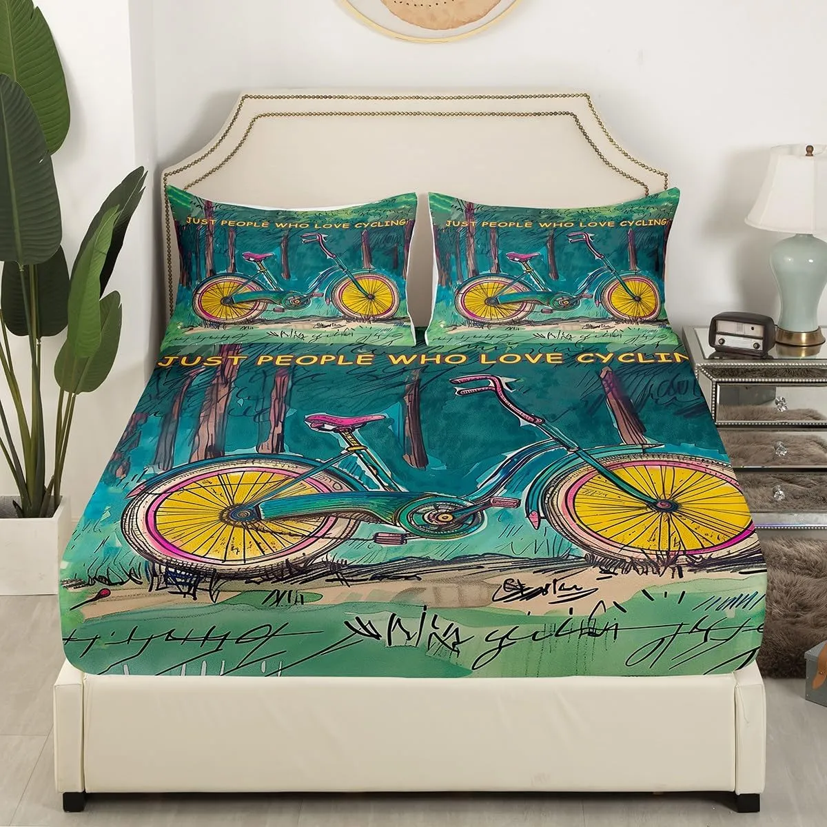 Manfei Cycling Bed Sheet Queen Set,Vintage Bicycle Natural Jungle Green Blue Paint Sheet Sets Adults Bedroom,Extreme Sports Adventure Biking Bedding Set with Flat,Fitted Sheet,2 Pillows