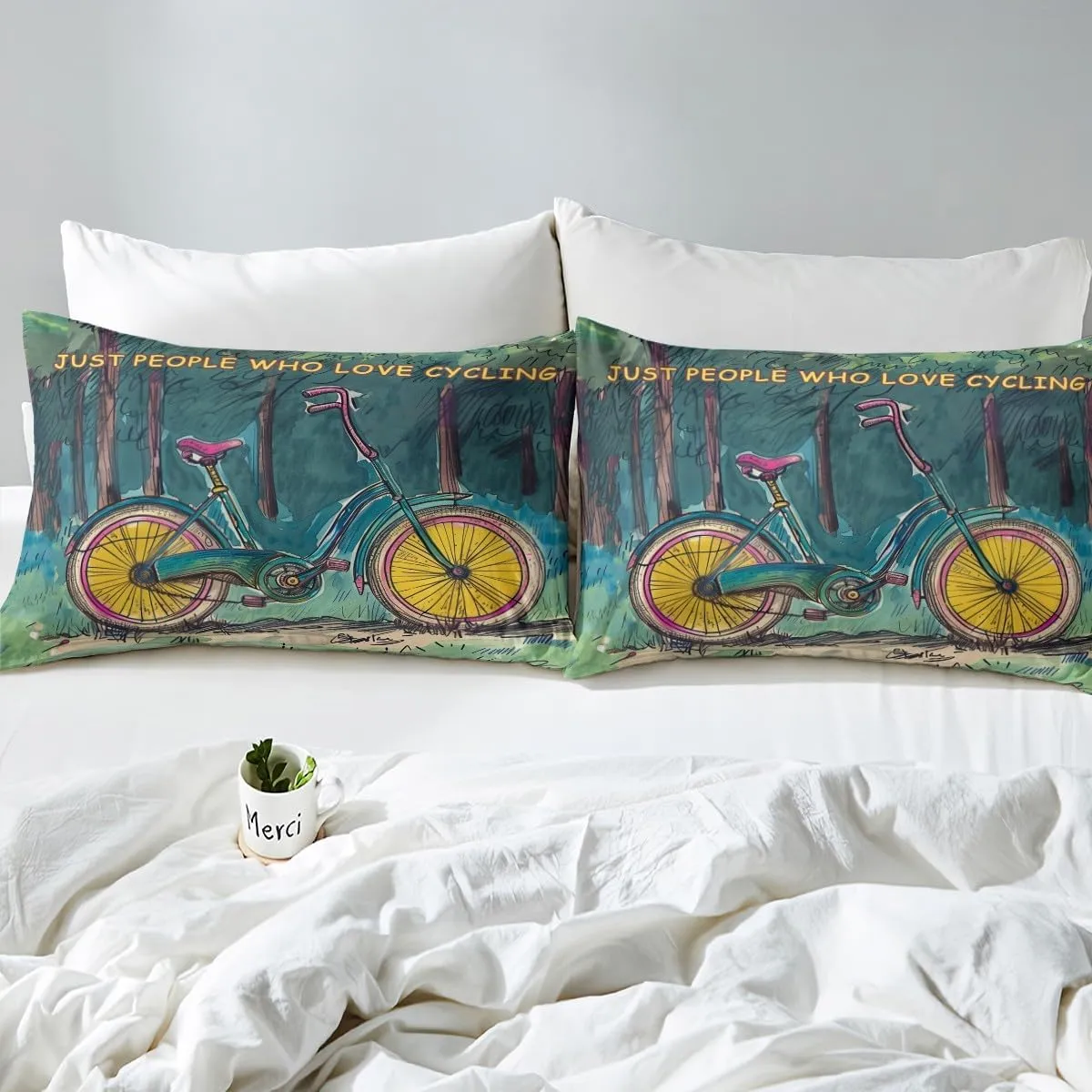 Manfei Cycling Bed Sheet Queen Set,Vintage Bicycle Natural Jungle Green Blue Paint Sheet Sets Adults Bedroom,Extreme Sports Adventure Biking Bedding Set with Flat,Fitted Sheet,2 Pillows