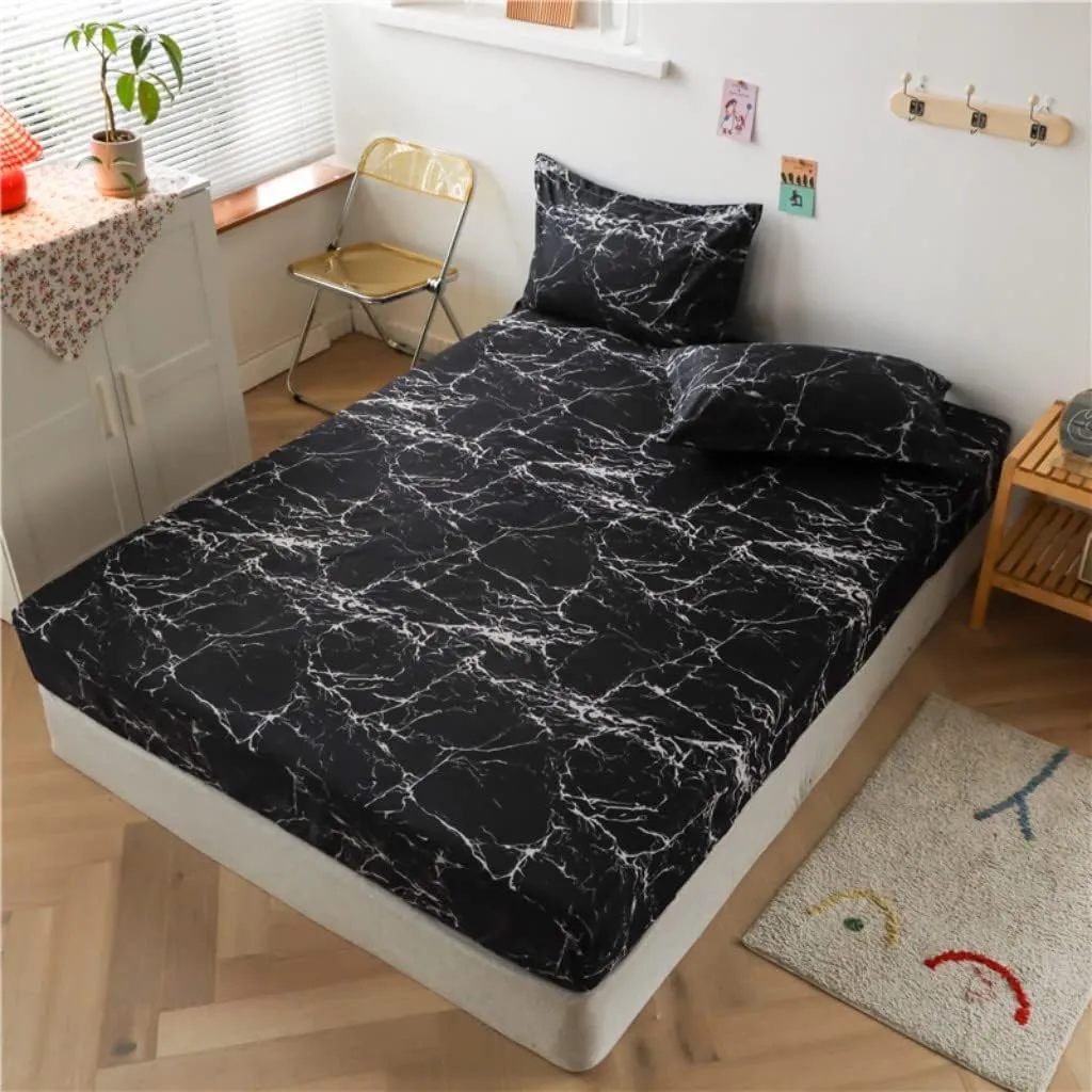 Marble Printed Fitted Sheet King Chic Luxury Black Marble Bed Sheet Set for Kids Teens Adults Bedroom Decor Modern Abstract Art Bedding Set Ultra Soft Women Men Bed Cover (Flat Sheet Not Included)