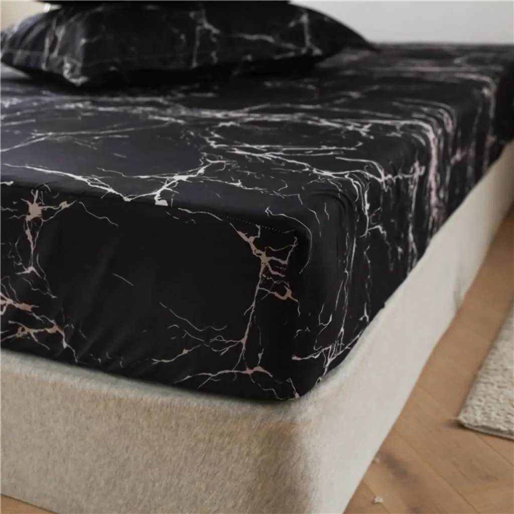 Marble Printed Fitted Sheet King Chic Luxury Black Marble Bed Sheet Set for Kids Teens Adults Bedroom Decor Modern Abstract Art Bedding Set Ultra Soft Women Men Bed Cover (Flat Sheet Not Included)