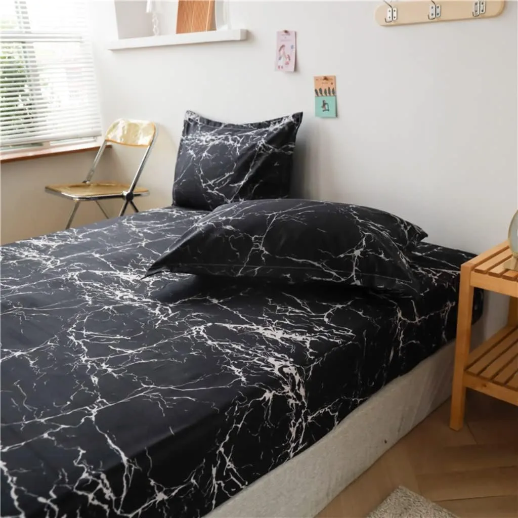 Marble Printed Fitted Sheet King Chic Luxury Black Marble Bed Sheet Set for Kids Teens Adults Bedroom Decor Modern Abstract Art Bedding Set Ultra Soft Women Men Bed Cover (Flat Sheet Not Included)