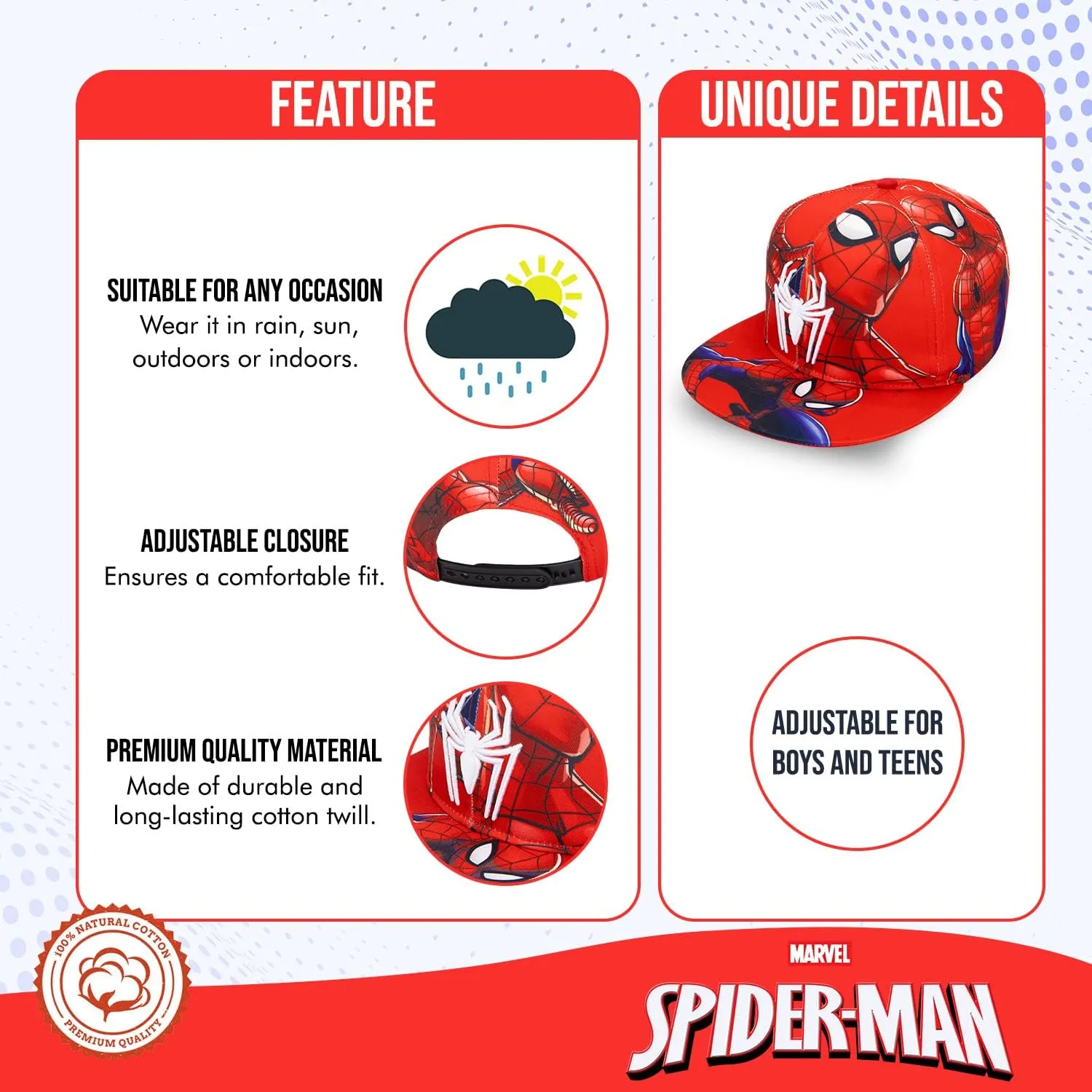 Marvel Spiderman Hat for Boys, Breathable Spiderman Baseball Cap for Toddlers, Boys Ages 3-9