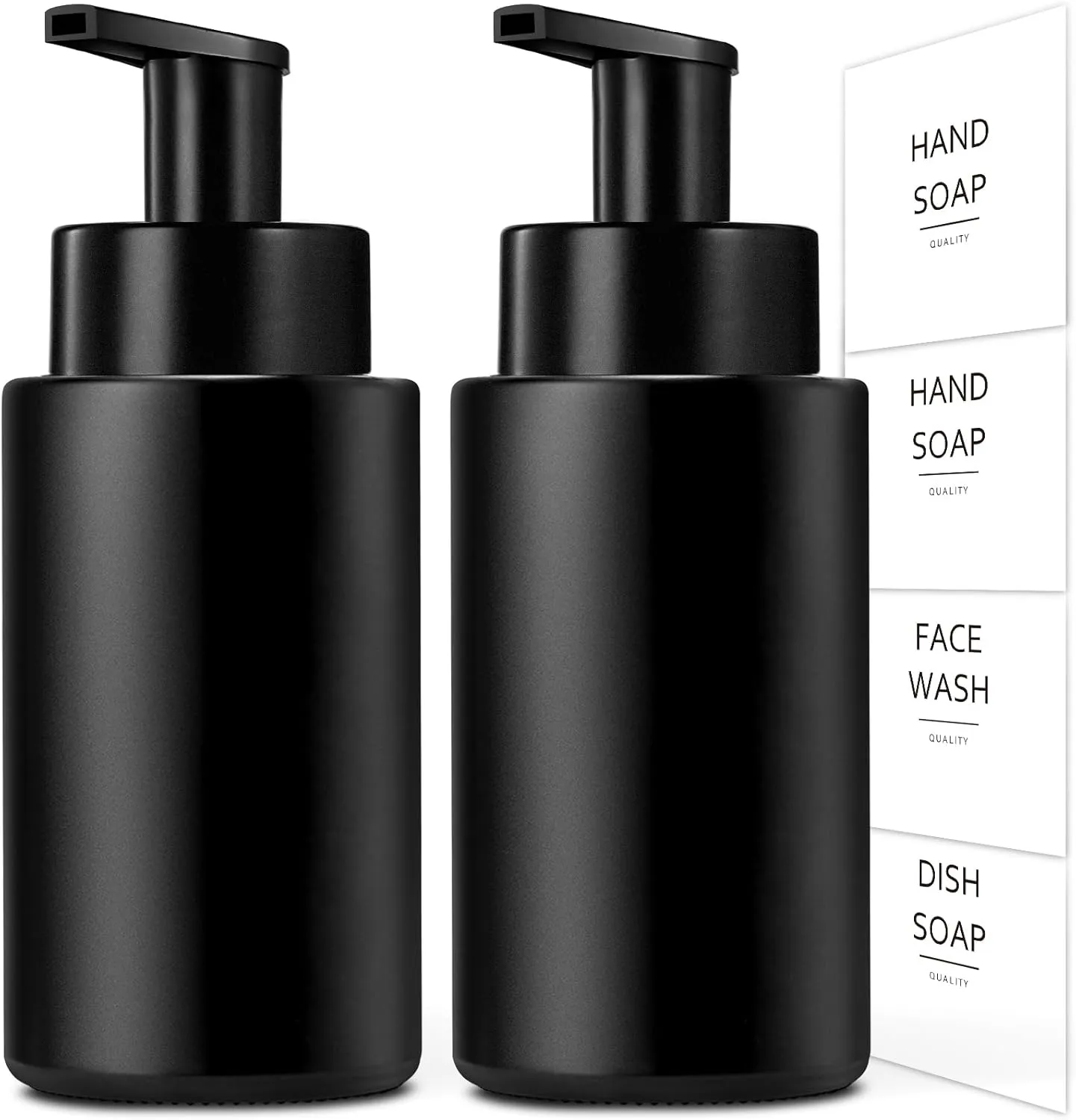 Matte Black Foaming Hand Soap Dispenser, 10 oz/350ml Glass Foam Dispenser, 2 Pcs Foaming Soap Dispenser for Bathroom, Black Refillable Pump with Waterproof Labels