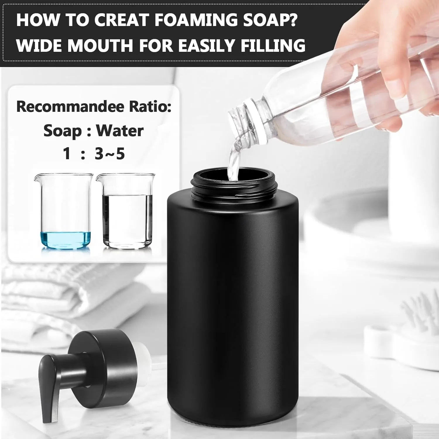 Matte Black Foaming Hand Soap Dispenser, 10 oz/350ml Glass Foam Dispenser, 2 Pcs Foaming Soap Dispenser for Bathroom, Black Refillable Pump with Waterproof Labels