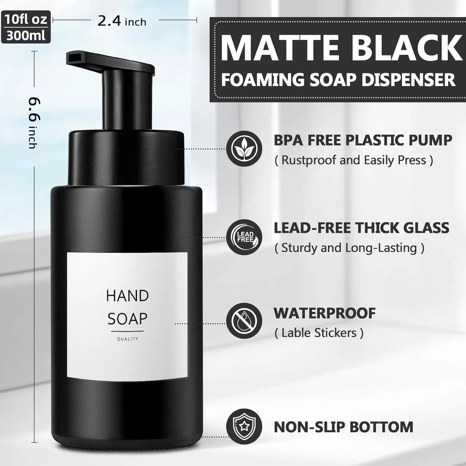 Matte Black Foaming Hand Soap Dispenser, 10 oz/350ml Glass Foam Dispenser, 2 Pcs Foaming Soap Dispenser for Bathroom, Black Refillable Pump with Waterproof Labels