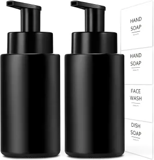 Matte Black Foaming Hand Soap Dispenser, 10 oz/350ml Glass Foam Dispenser, 2 Pcs Foaming Soap Dispenser for Bathroom, Black Refillable Pump with Waterproof Labels