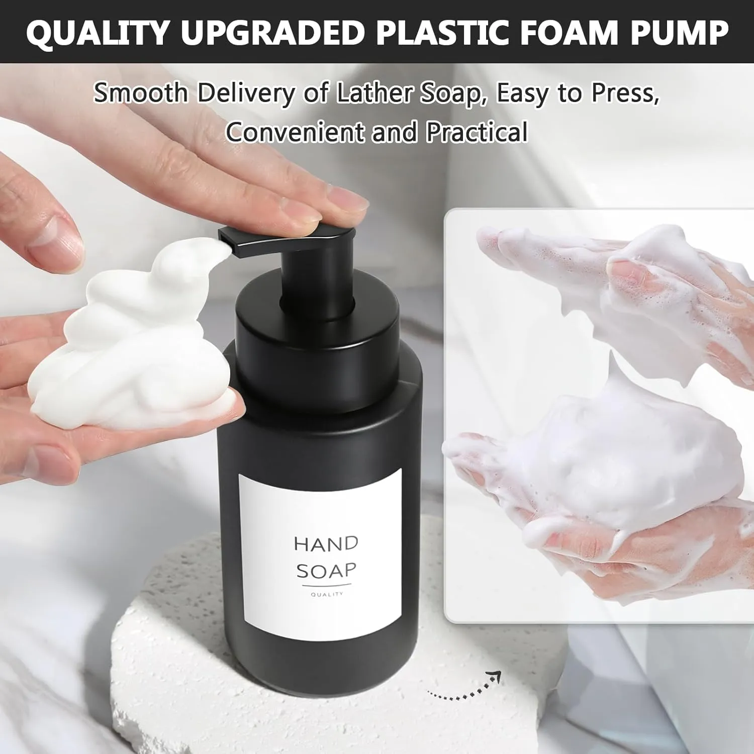 Matte Black Foaming Hand Soap Dispenser, 10 oz/350ml Glass Foam Dispenser, 2 Pcs Foaming Soap Dispenser for Bathroom, Black Refillable Pump with Waterproof Labels
