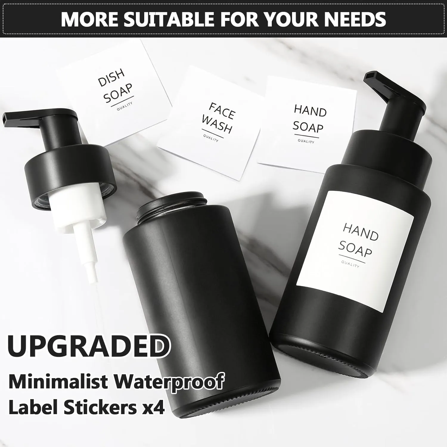 Matte Black Foaming Hand Soap Dispenser, 10 oz/350ml Glass Foam Dispenser, 2 Pcs Foaming Soap Dispenser for Bathroom, Black Refillable Pump with Waterproof Labels