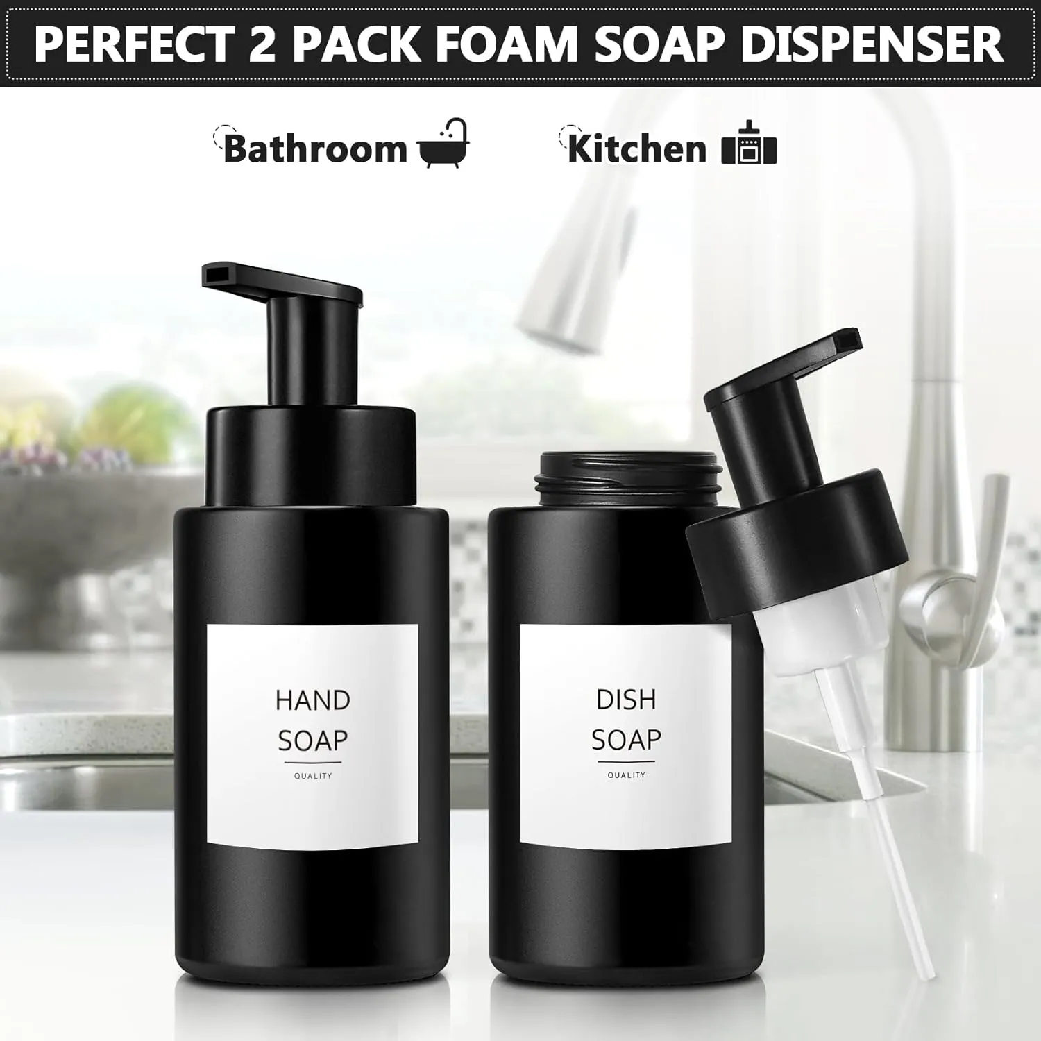 Matte Black Foaming Hand Soap Dispenser, 10 oz/350ml Glass Foam Dispenser, 2 Pcs Foaming Soap Dispenser for Bathroom, Black Refillable Pump with Waterproof Labels