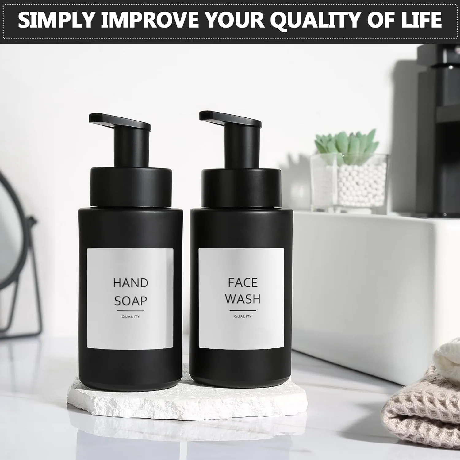 Matte Black Foaming Hand Soap Dispenser, 10 oz/350ml Glass Foam Dispenser, 2 Pcs Foaming Soap Dispenser for Bathroom, Black Refillable Pump with Waterproof Labels