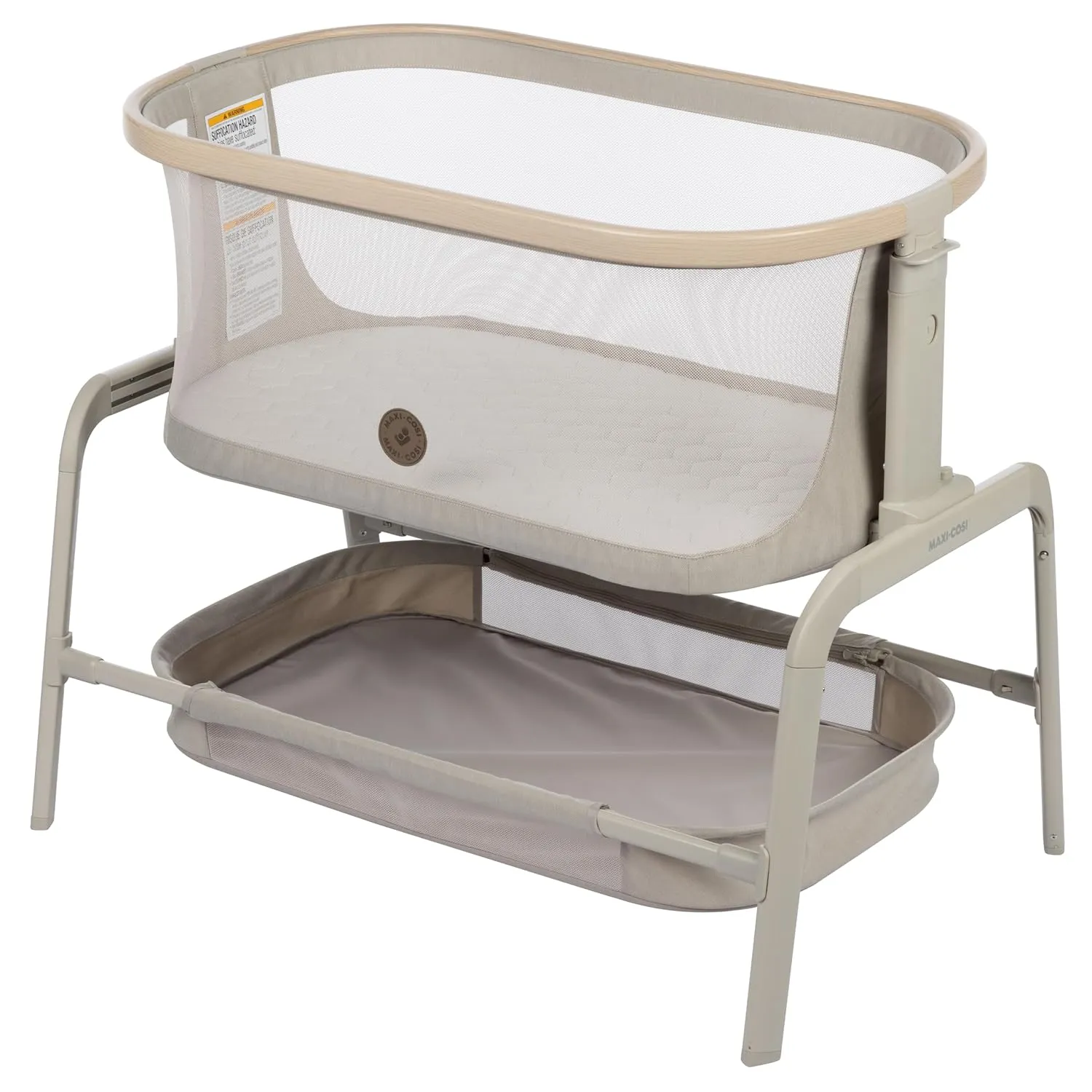 Maxi-Cosi Iora Baby Bassinets Bedside Sleeper, Portable Bassinet, Infant Bedside Sleeper Crib, Height Adjustable, Breathable Mesh, Large Storage Basket, Classic Oat