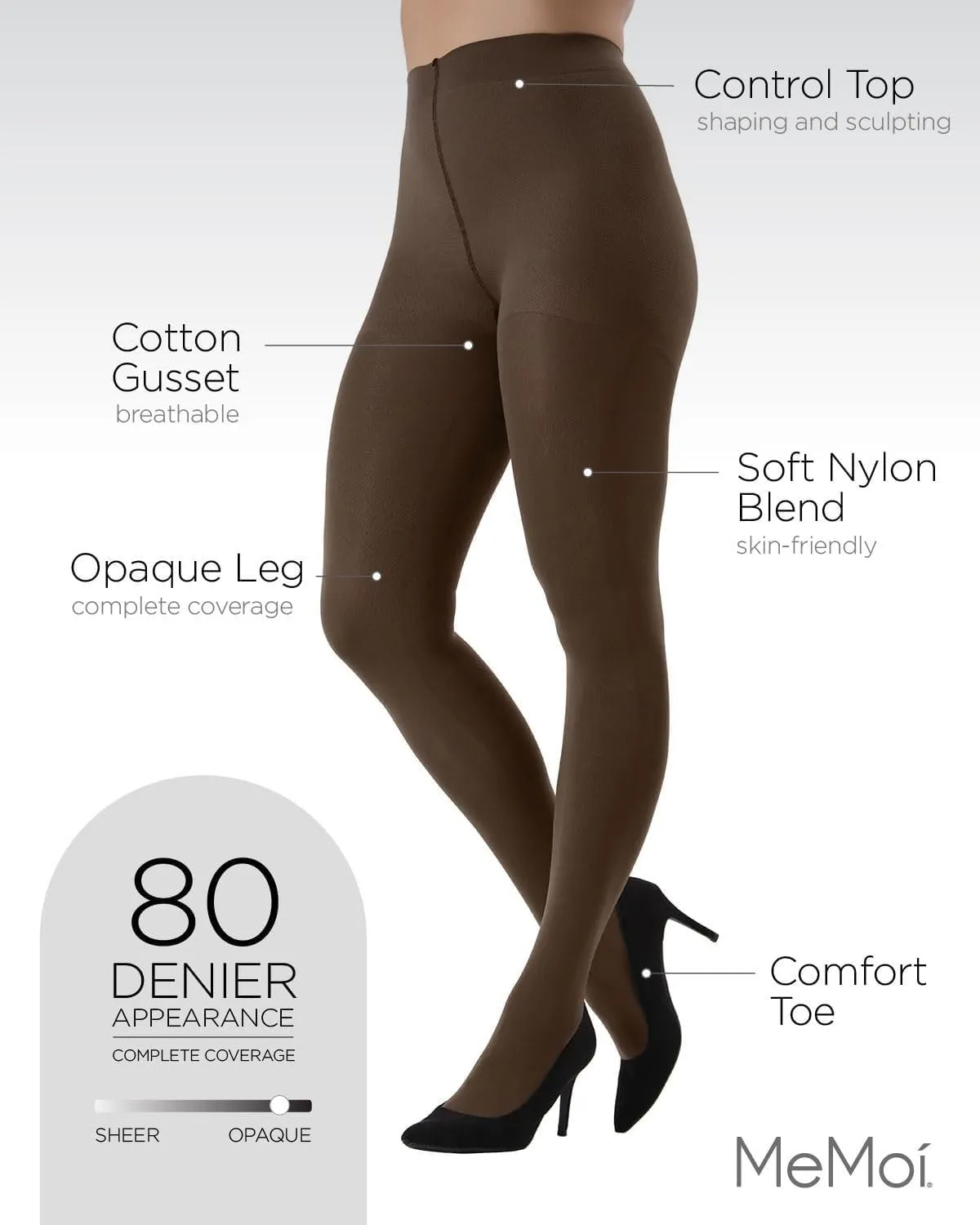 MeMoi Completely Opaque Control Top Tights for Women, Comfortable Control Top Tights, 80 Denier - Sizes Small to Q2