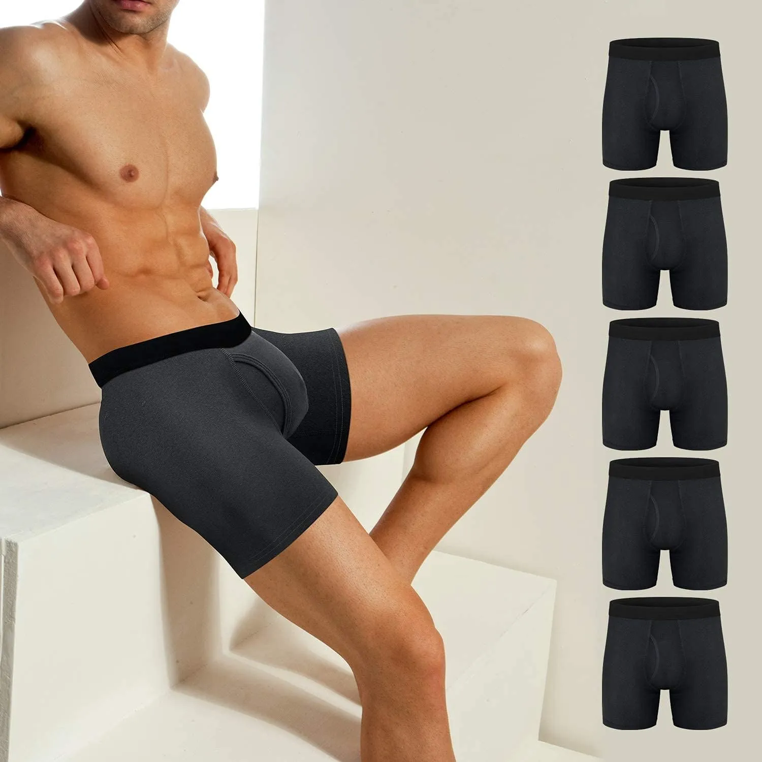 Mens Boxer Briefs Cotton Underwear Pack 6”no Ride up Regular Stretch Elastic Wide Band Boxer Briefs