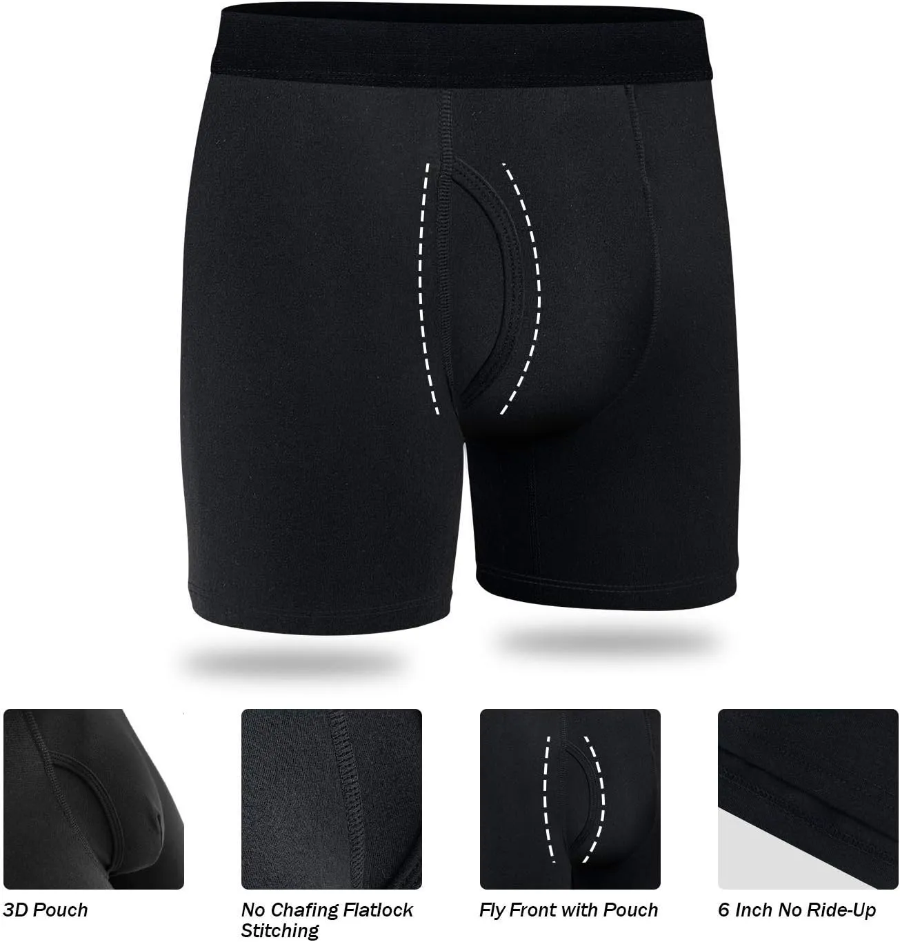 Mens Boxer Briefs Cotton Underwear Pack 6”no Ride up Regular Stretch Elastic Wide Band Boxer Briefs