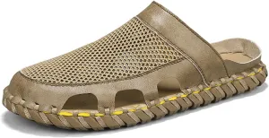 Men's Closed Flat Slippers Mesh Hollow Breathable Handmade Muller Clogs Leisure Outdoor Sports Walking Beach Waterproof Sandals